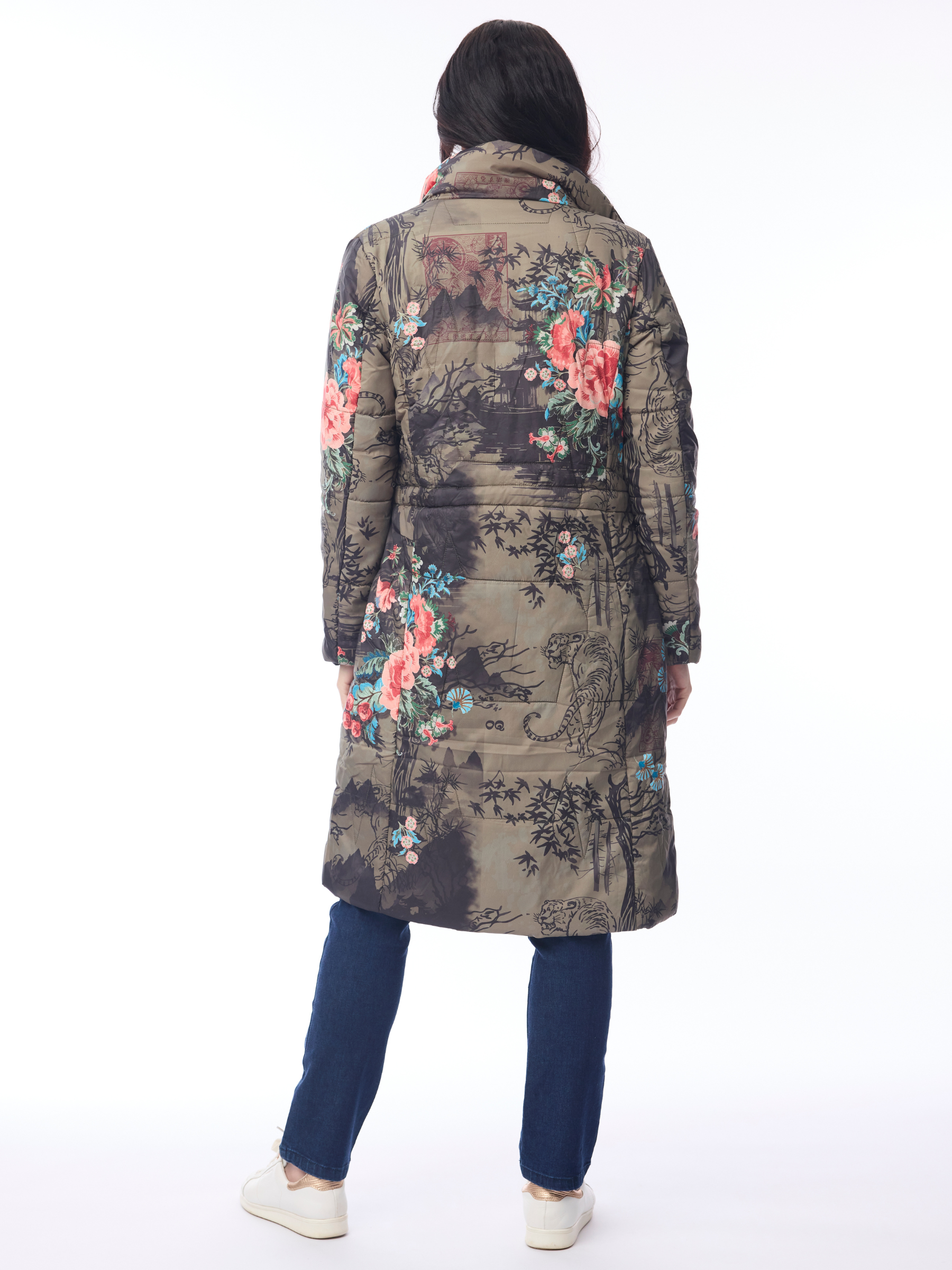 Orientique 82239 Puffer Coat with hood, zip front, side pockets, longline shape and statement print