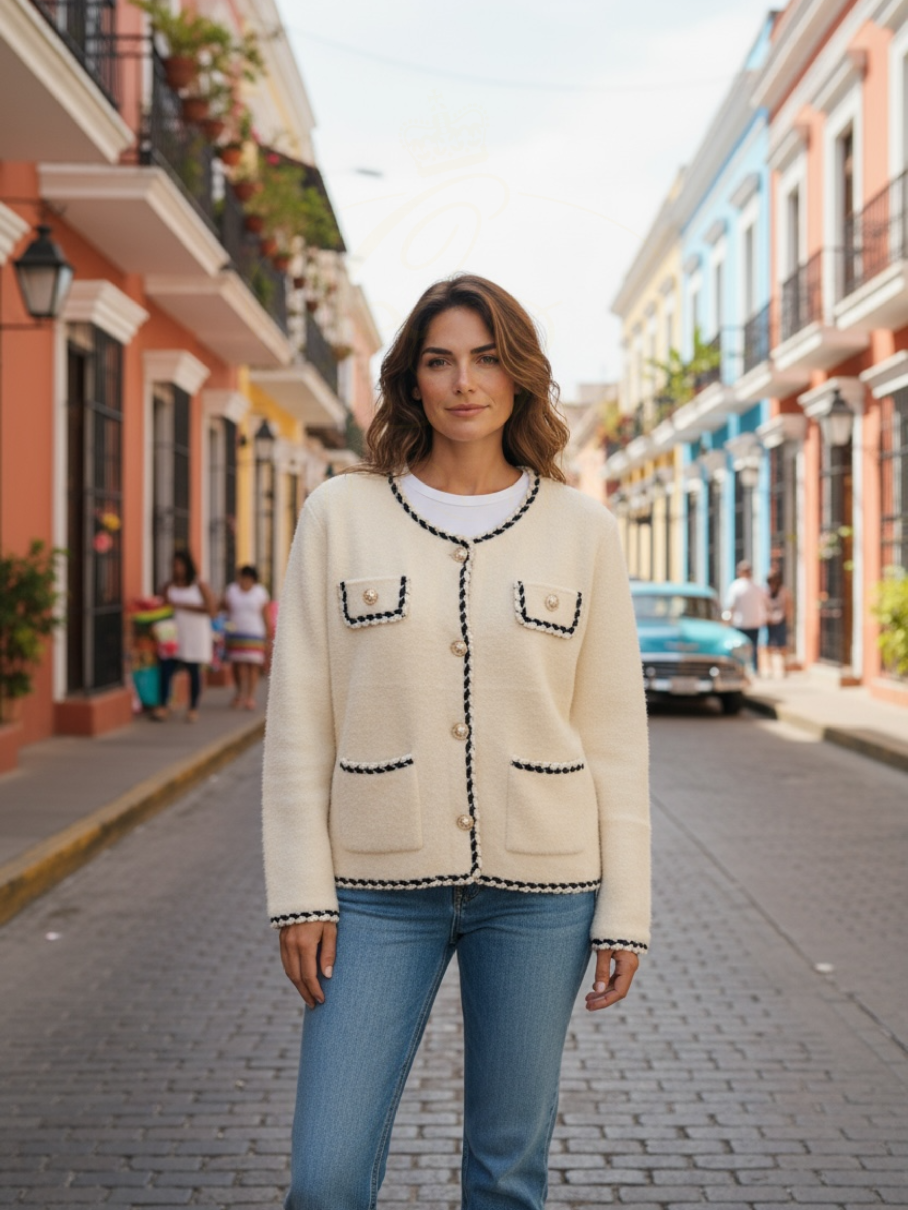 PARAMOUR - DESIGN JKT 8076 – elegant textured jacket with pearl-style buttons, contrast trim detailing, and front pockets. A chic and timeless layering piece for sophisticated styling.