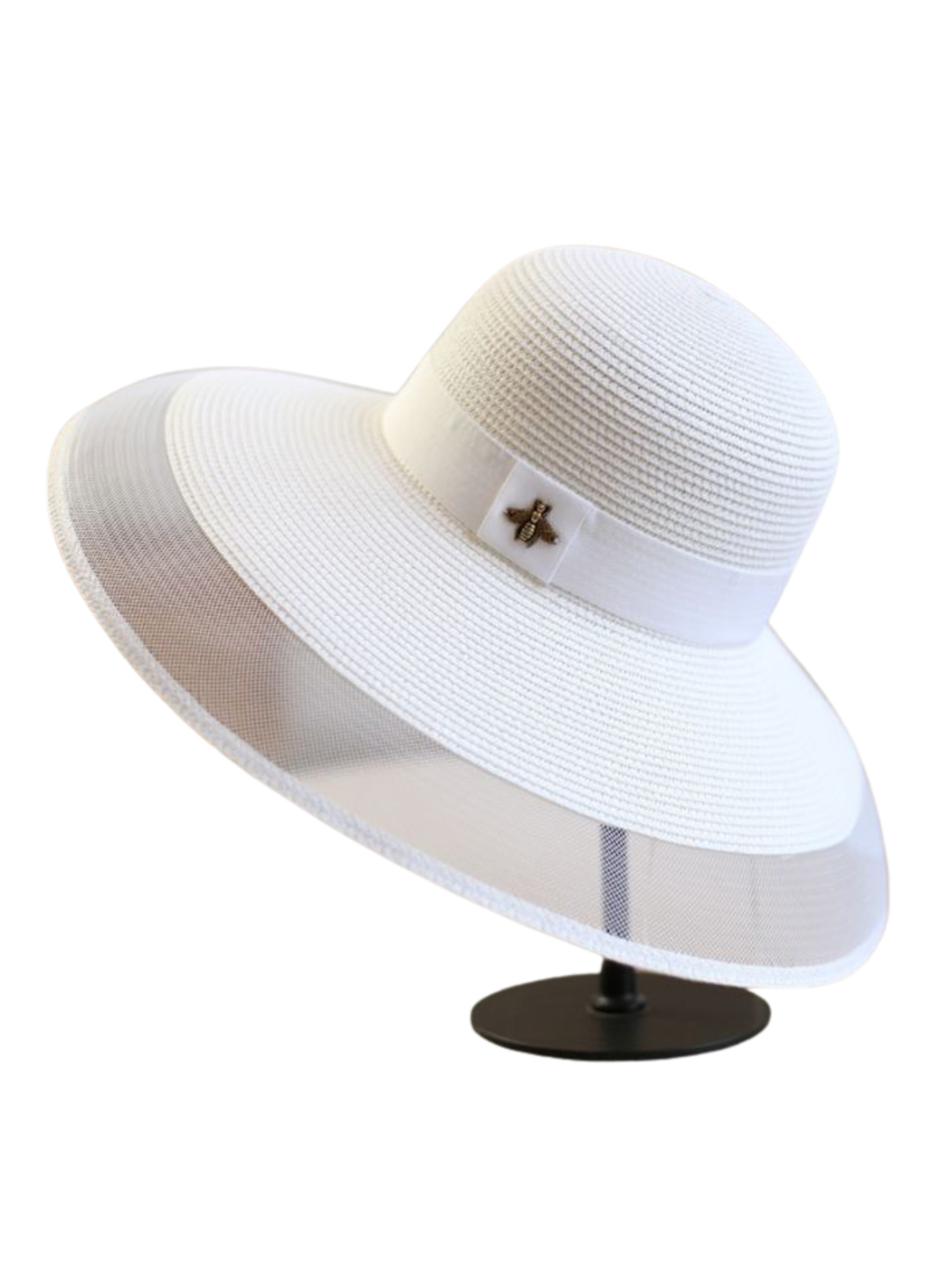 PCHA WA161 Audrey Hat with wide brim, mesh edging and gold bee detail - an elegant Audrey Hepburn–inspired occasion hat available in white and black.