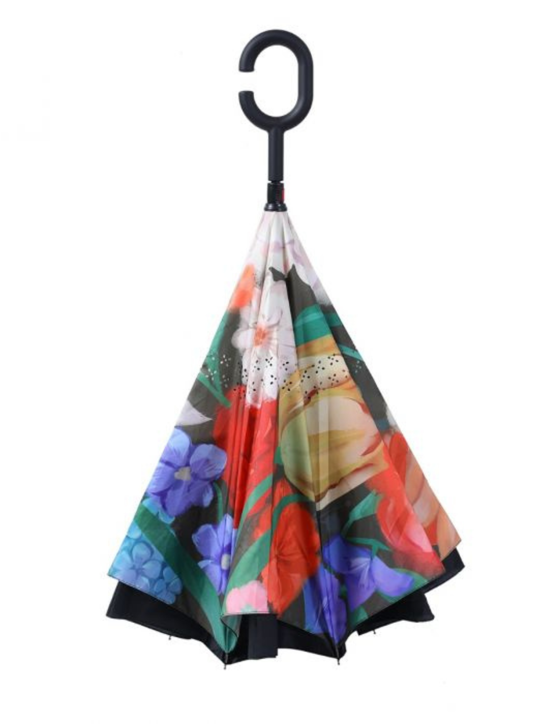 PCHA Reversible Umbrella with reverse-fold design, shown in Vintage Rose Garden, Leopard Print, Symphony Floral and Butterfly patterns - a stylish and practical rainy-day accessory