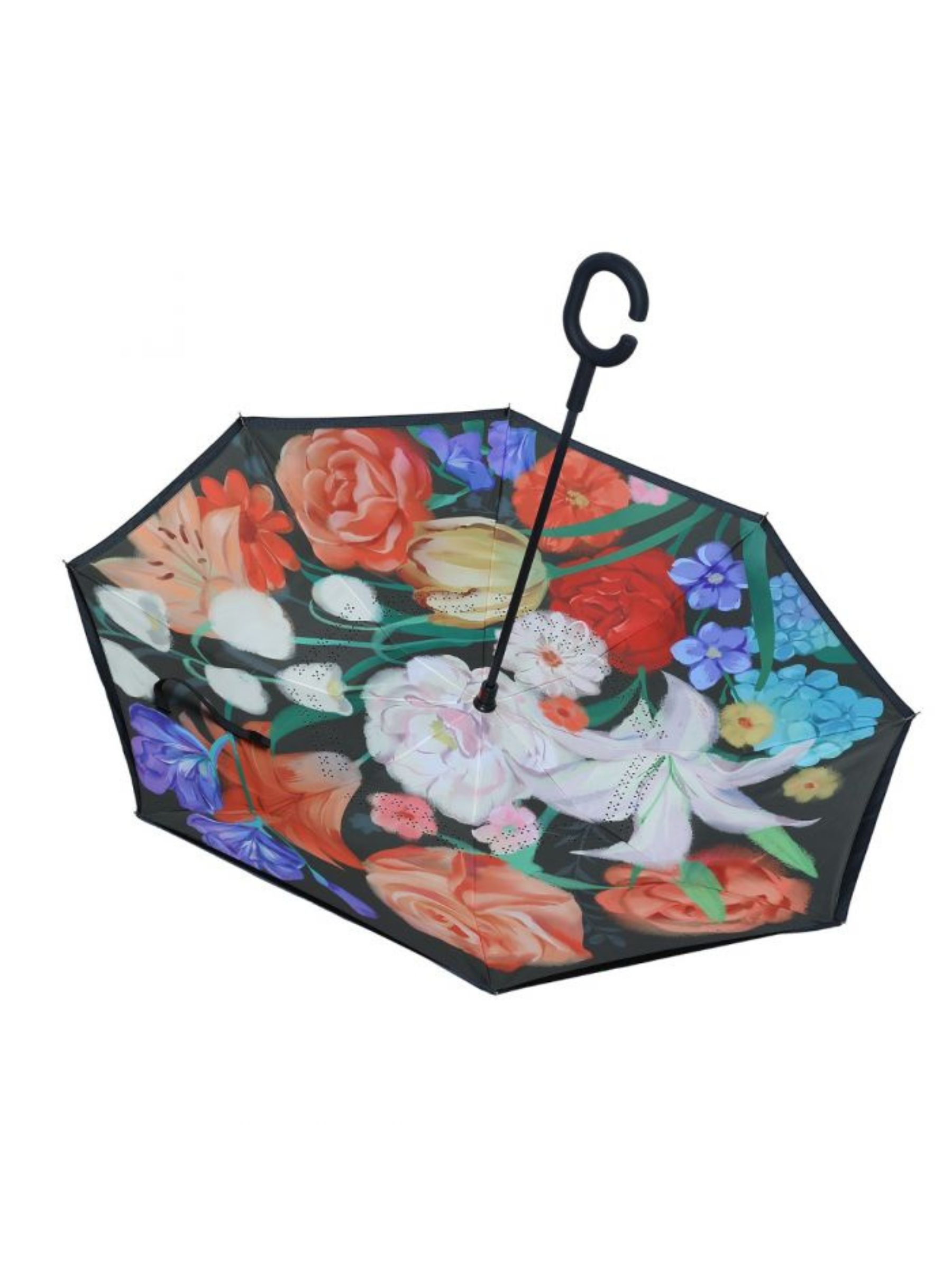 PCHA Reversible Umbrella with reverse-fold design, shown in Vintage Rose Garden, Leopard Print, Symphony Floral and Butterfly patterns - a stylish and practical rainy-day accessory