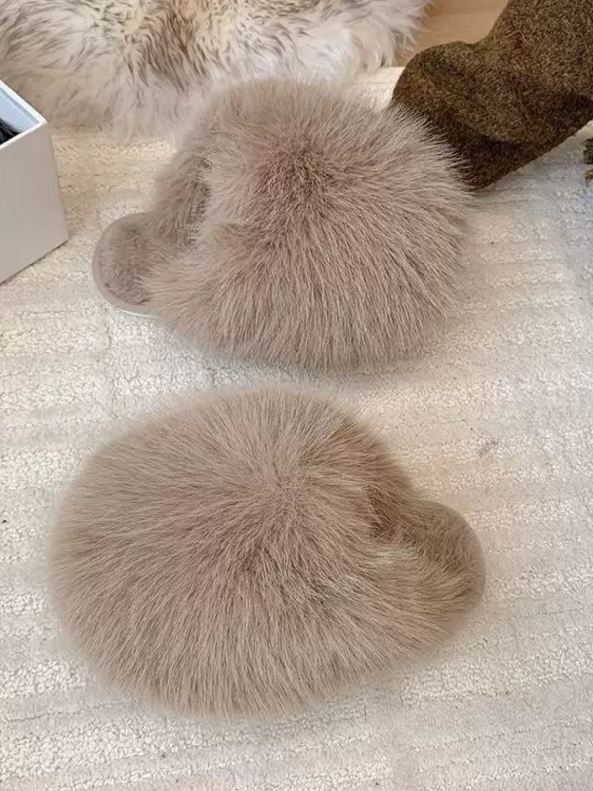 PCHA 1958 Fluffy Faux Fur Slippers with plush fluffy finish and open-back slip-on design.