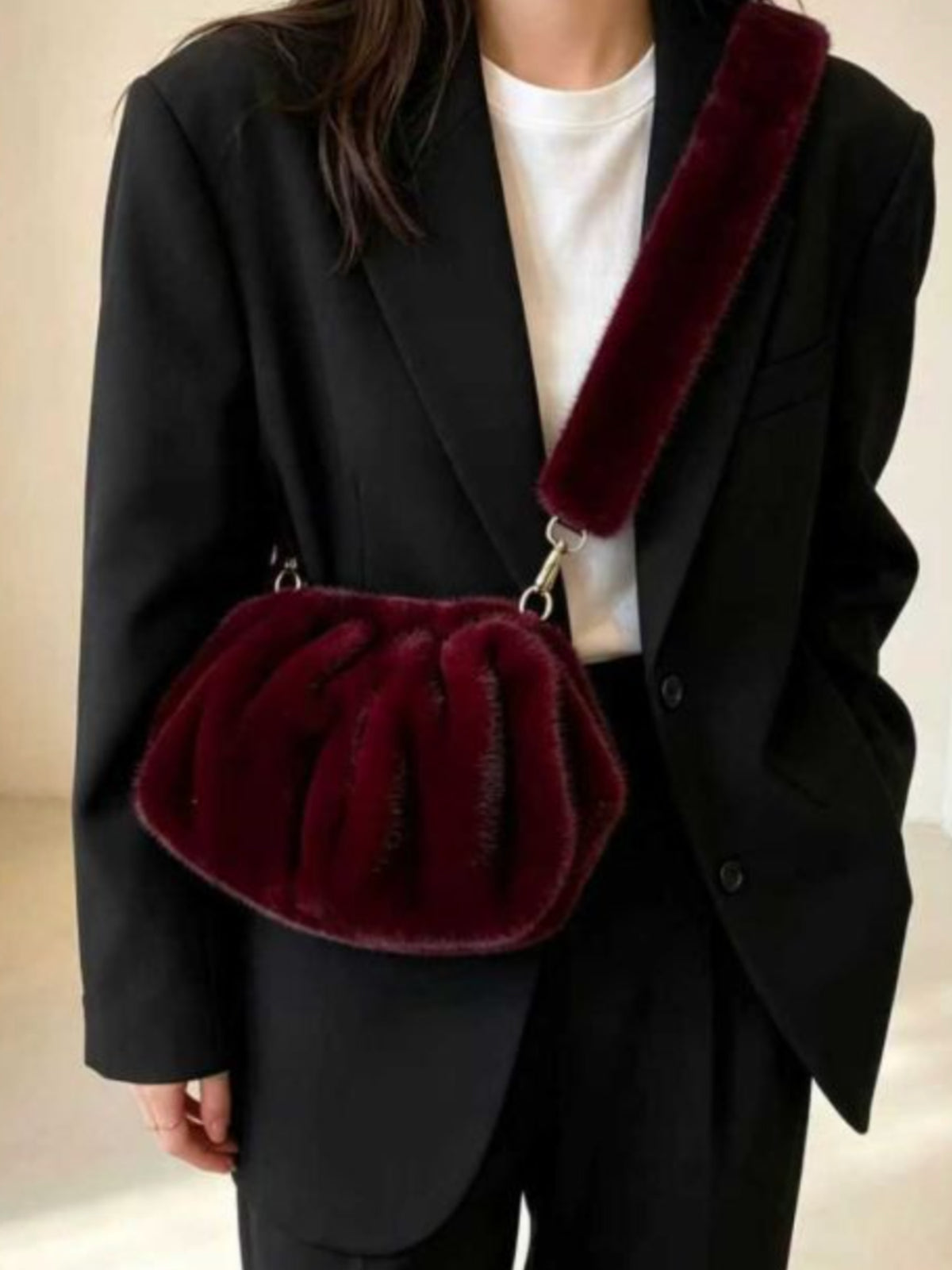 PCHA 60402 Faux Fur Ruched Handbag with gathered design, plush textured finish and matching shoulder strap.