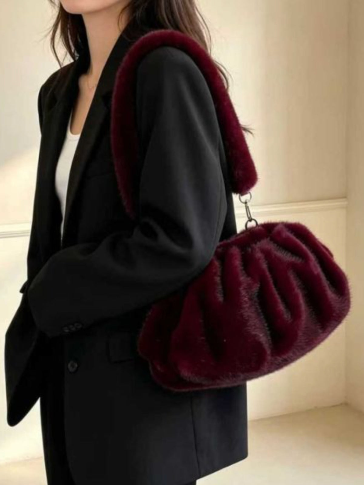 PCHA 60402 Faux Fur Ruched Handbag with gathered design, plush textured finish and matching shoulder strap.