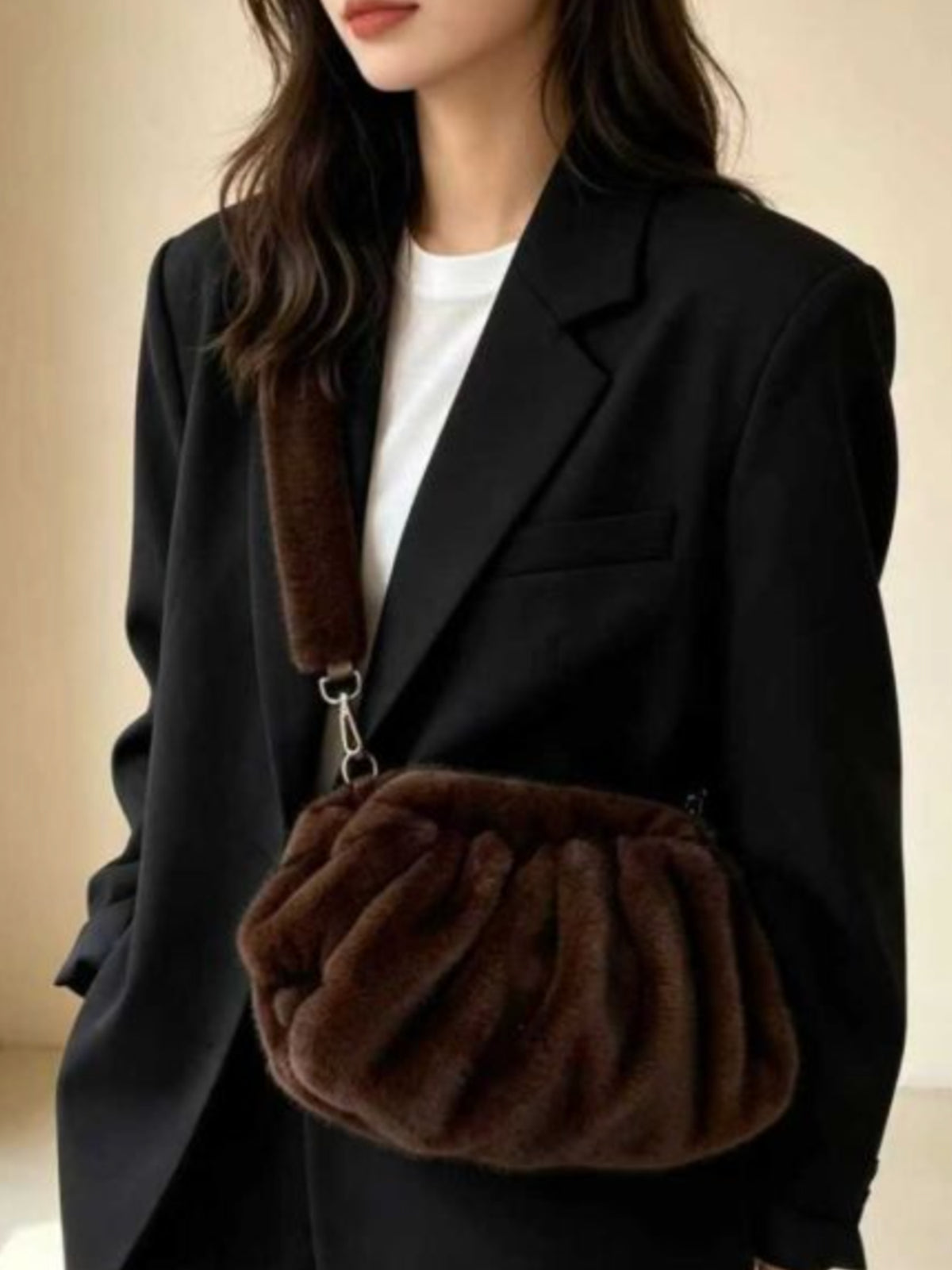 PCHA 60402 Faux Fur Ruched Handbag with gathered design, plush textured finish and matching shoulder strap.