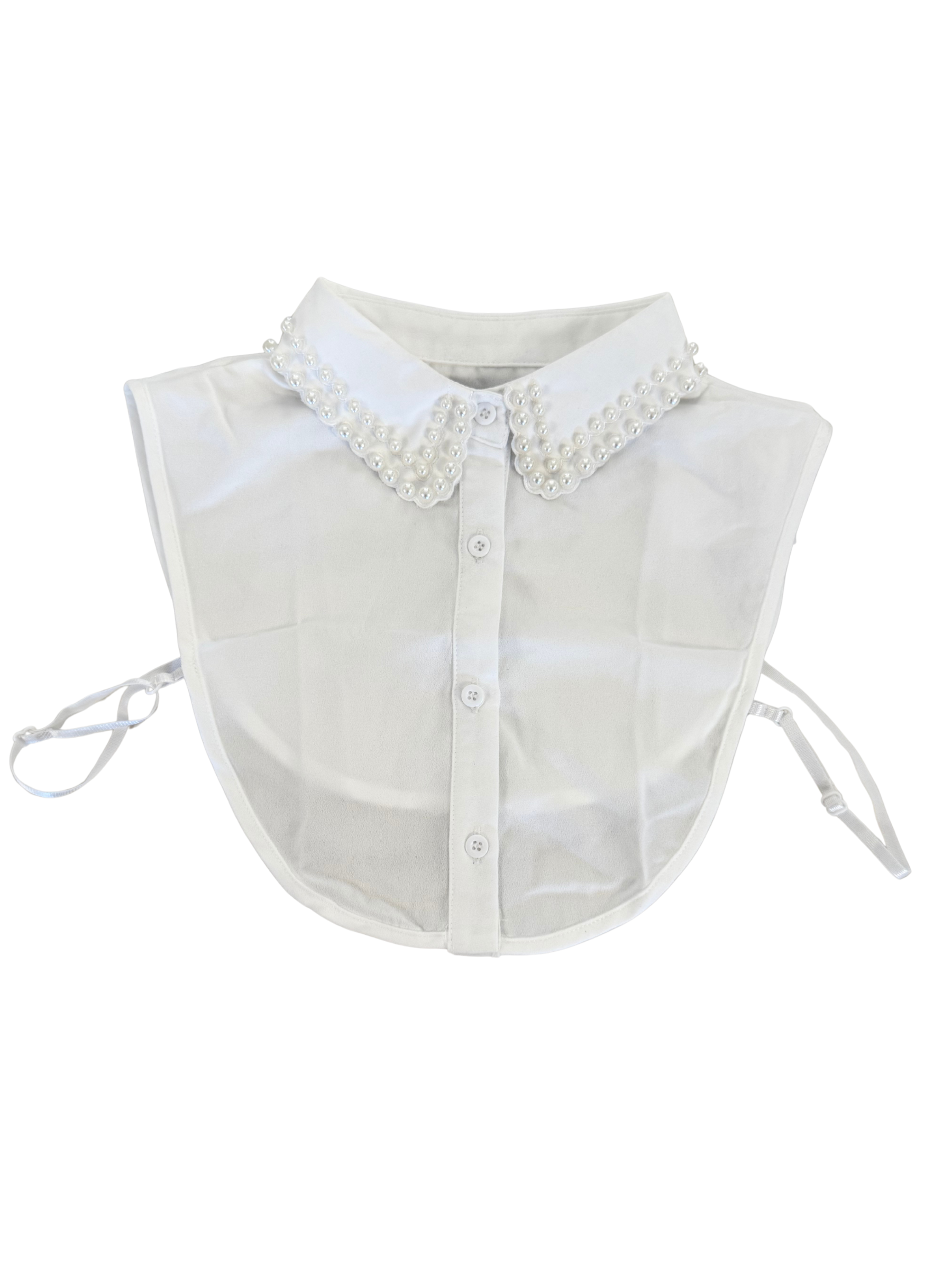 PCHA 7715 White Fake Collar with Ivory Pearl Detail featuring classic button-down design, adjustable side straps and elegant pearl embellishment.
