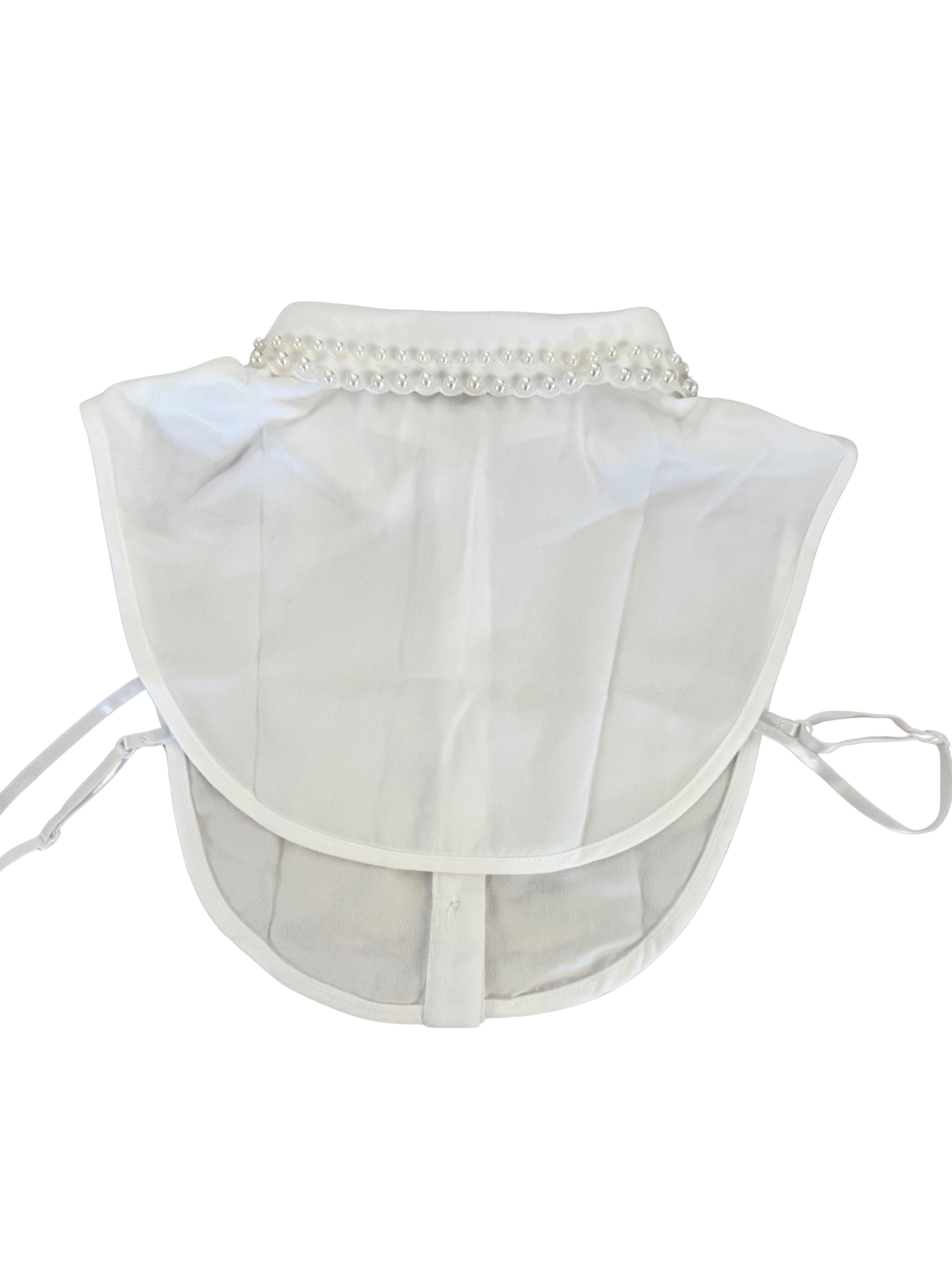 PCHA 7715 White Fake Collar with Ivory Pearl Detail featuring classic button-down design, adjustable side straps and elegant pearl embellishment.