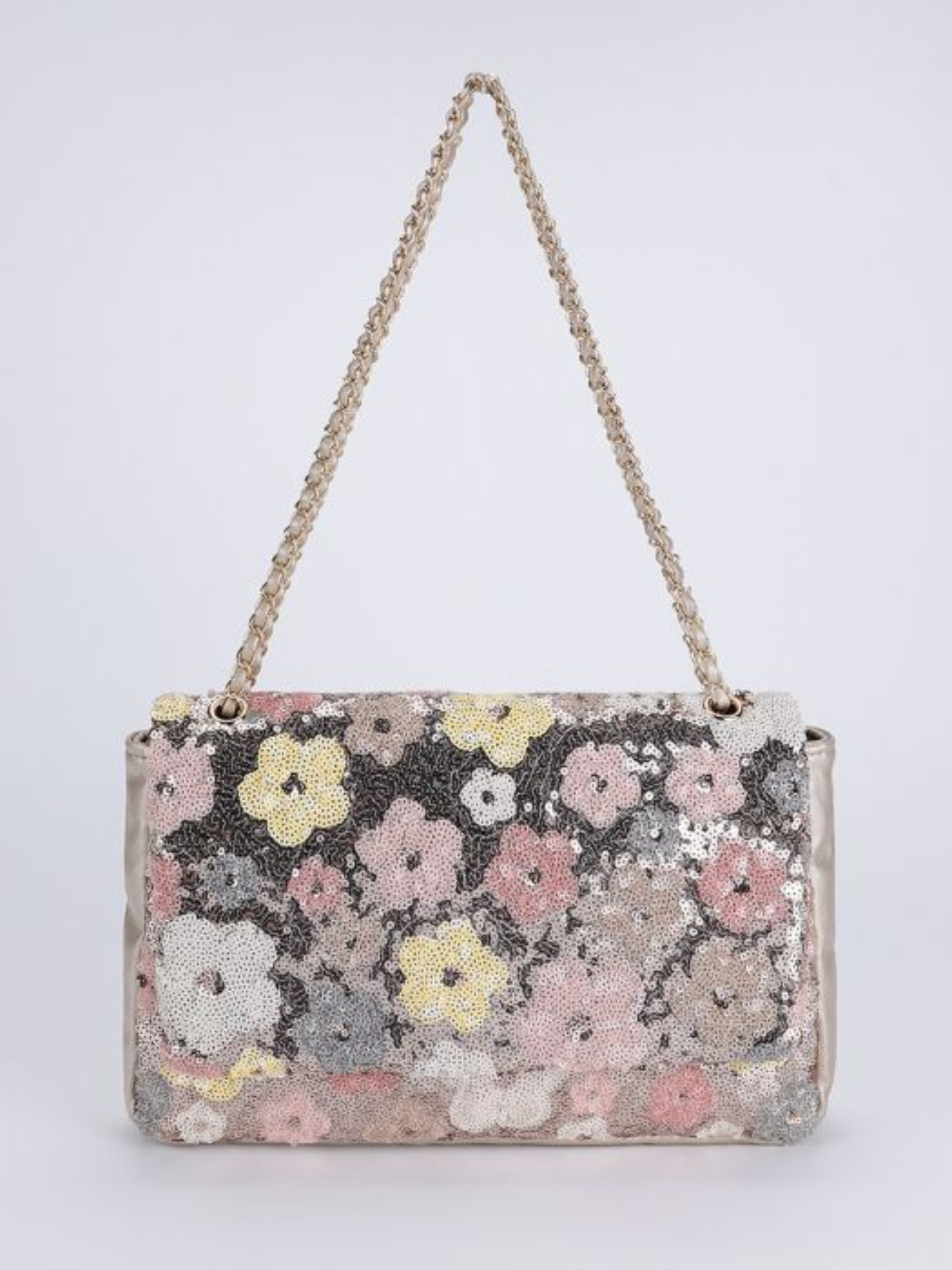 PCHA A217 floral print summer bag with sequin detailing and chain strap, compact structured design.