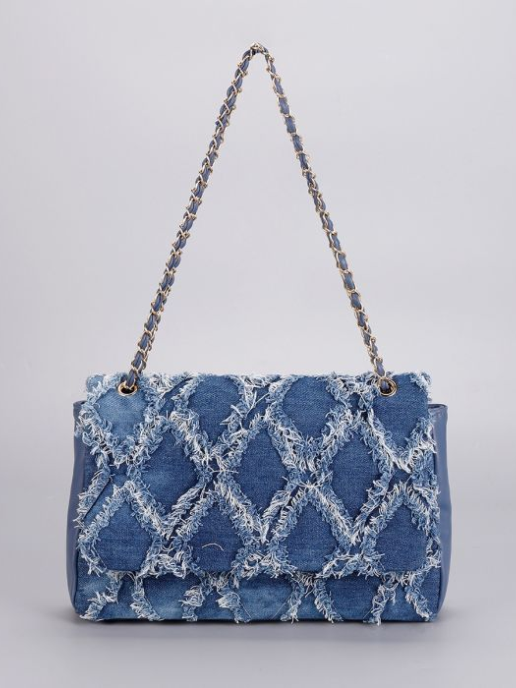 PCHA A220 denim handbag with quilted frayed detailing and gold-tone chain shoulder strap.