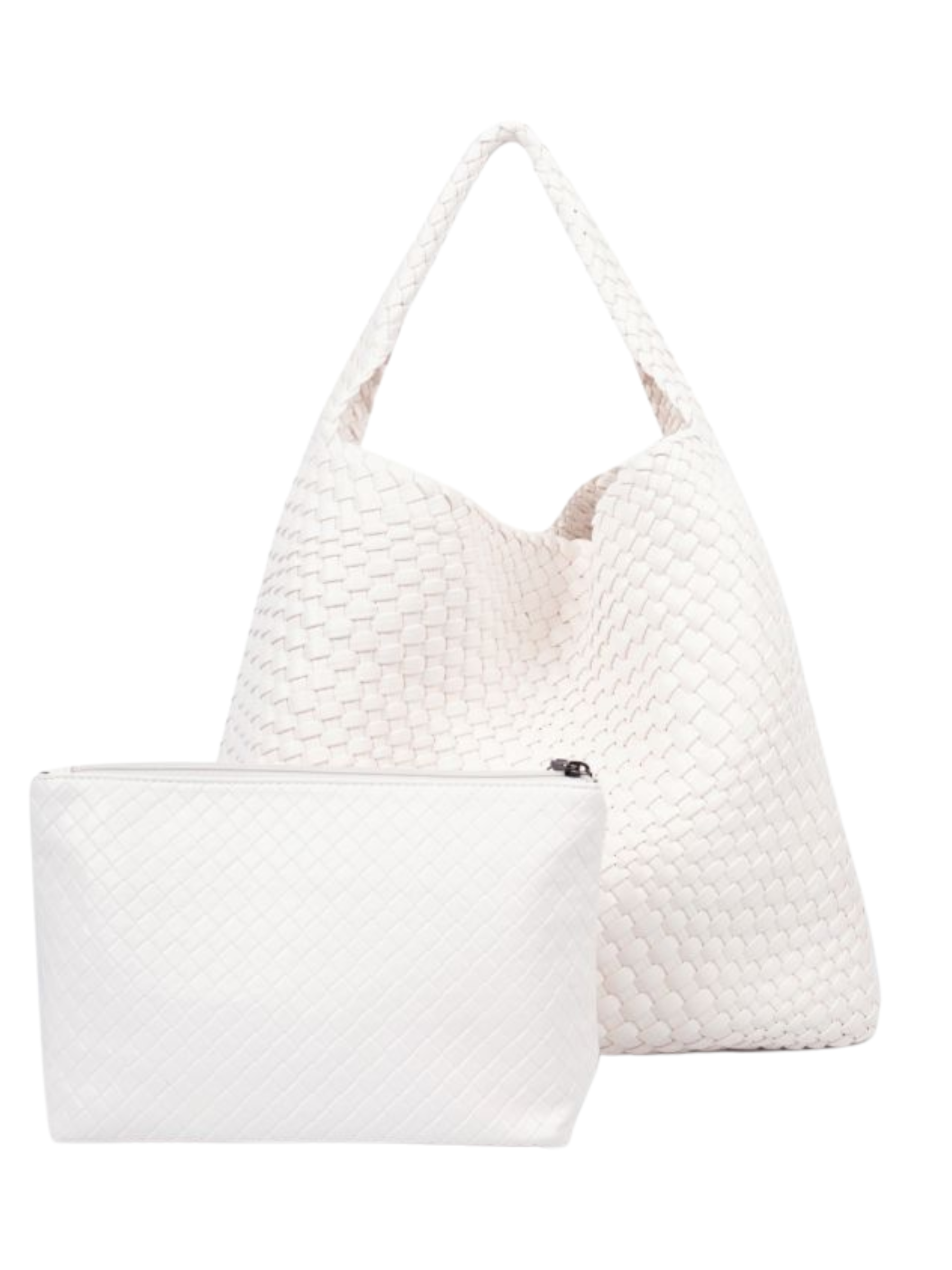 PCHA B1683 woven tote handbag with matching zip clutch in a neutral textured finish.