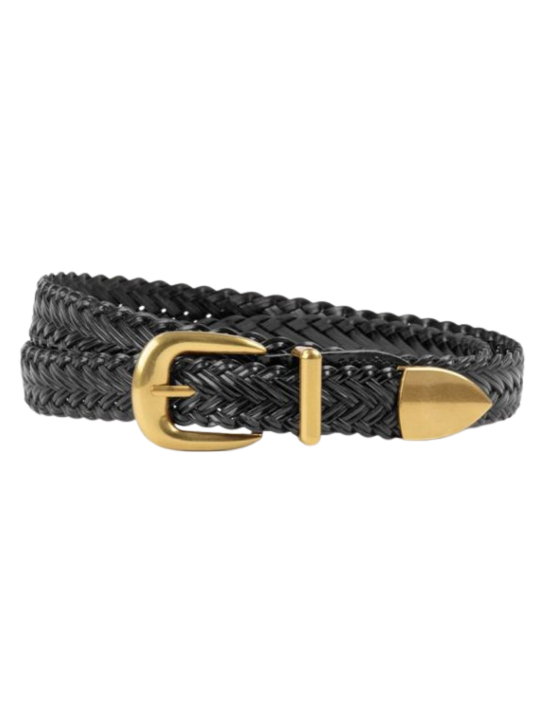 PCHA BEL064 black braided faux leather belt with solid brass buckle and woven design.