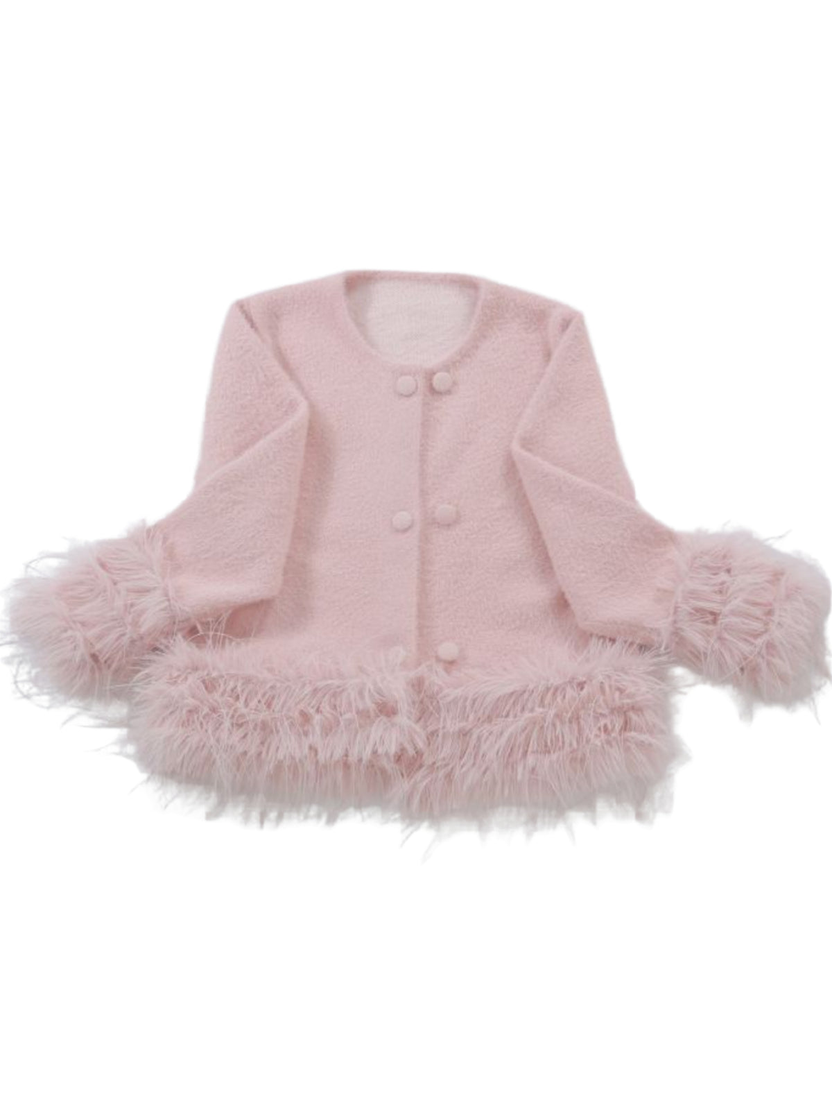 PCHA CA196 Feather Trim Cardigan with round neckline, button front and statement feather trim at the cuffs and hem.