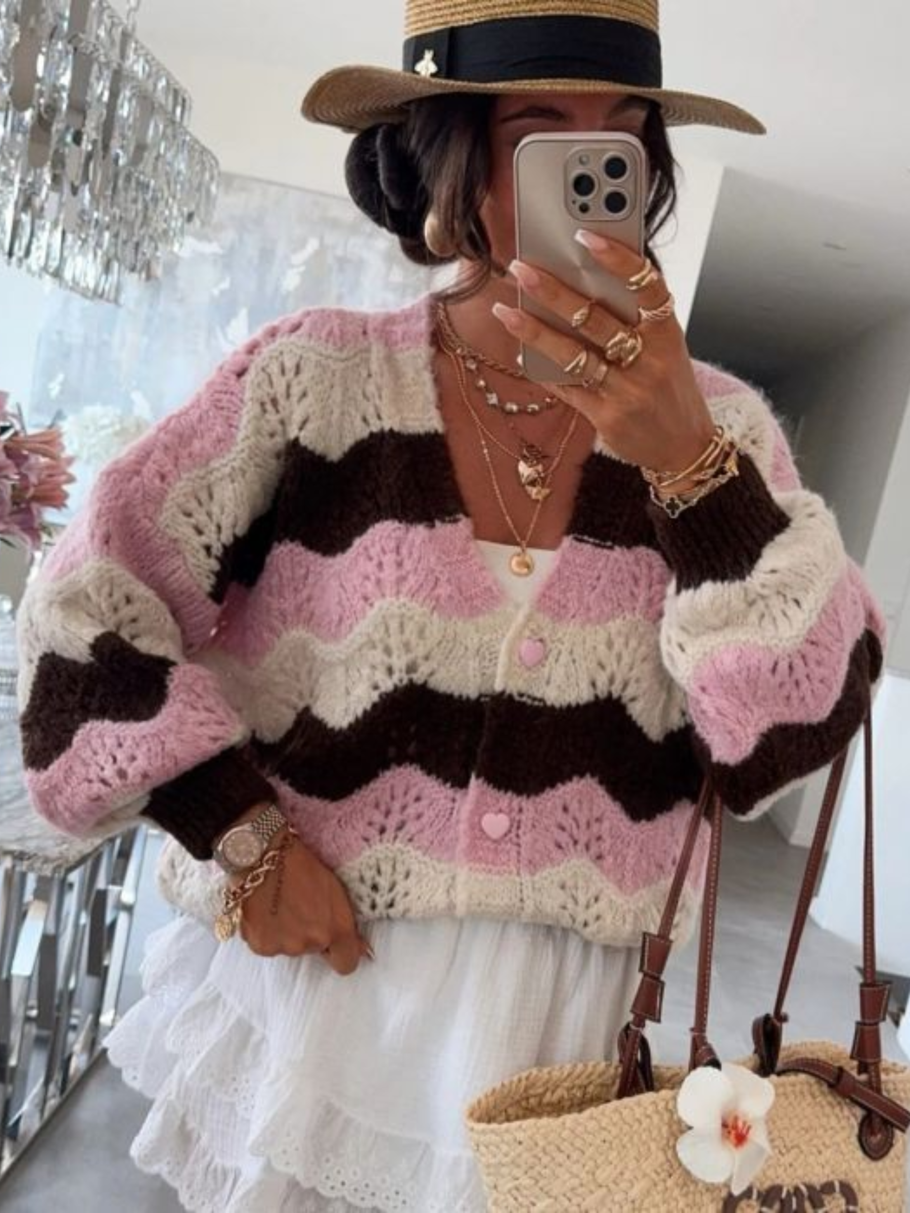 PCHA CA210 Pastel Colourblock Wavy Knit Cardigan with V-neck, heart buttons and wavy knit detail