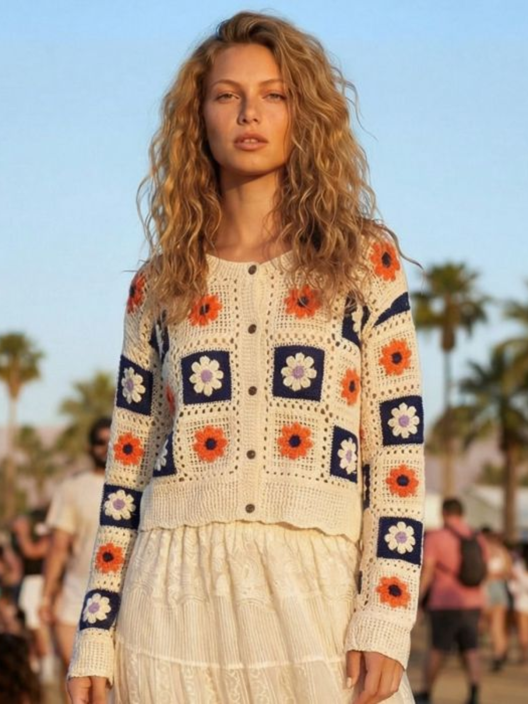 PCHA CA214 Crochet Daisy Knit Square Cardigan with button front, round neckline and daisy square pattern