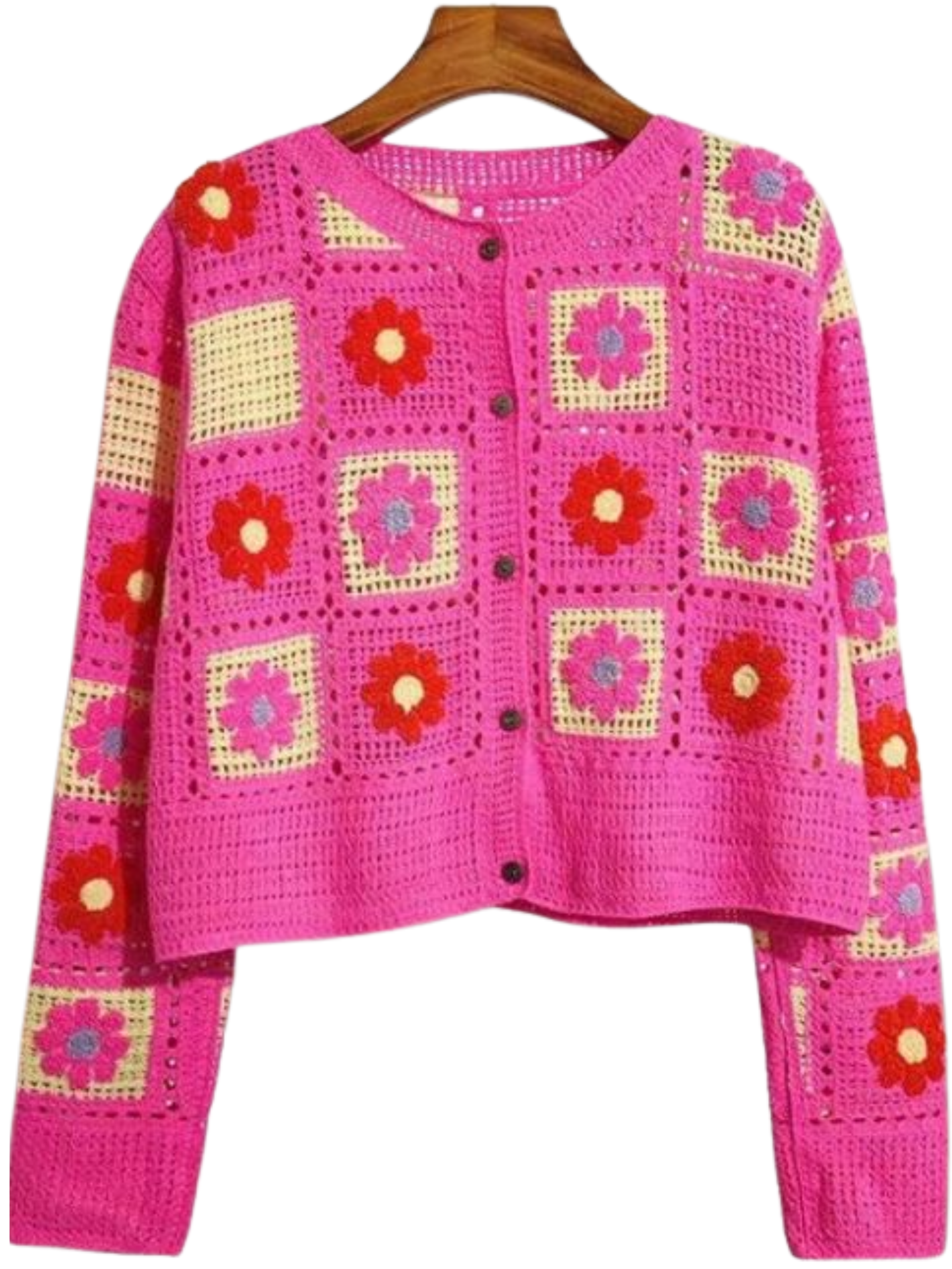 PCHA CA214 Crochet Daisy Knit Square Cardigan with button front, round neckline and daisy square pattern