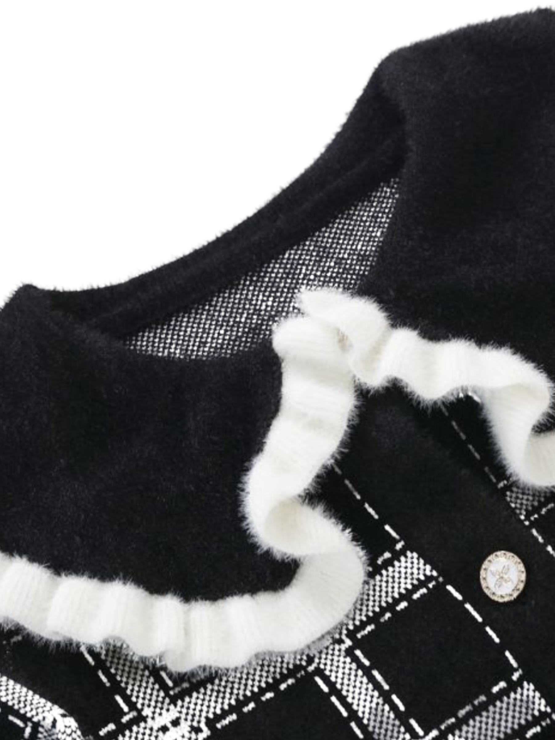 PCHA CA216 Ruffle Collar Plaid Cardigan with plaid pattern, oversized ruffle-trim collar and button-front fastening.