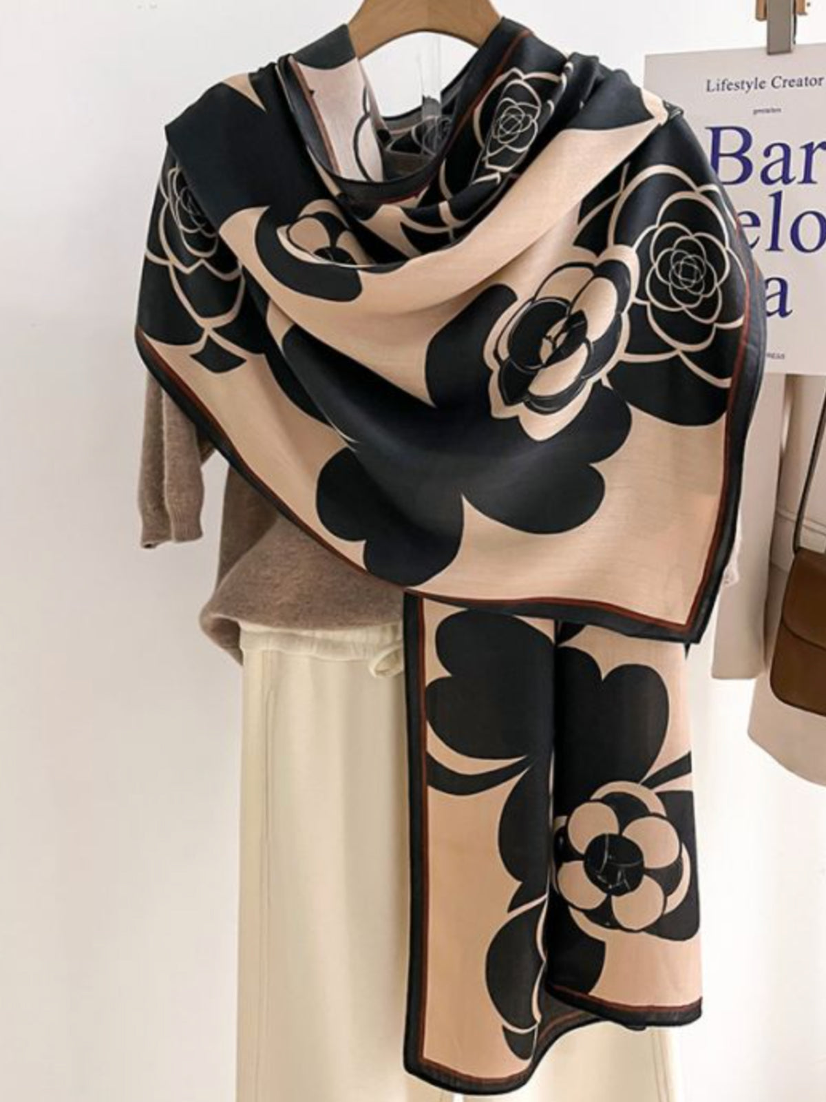 PCHA CC380 Camellia Flower Print Cotton Scarf with oversized floral motifs and slim decorative border.