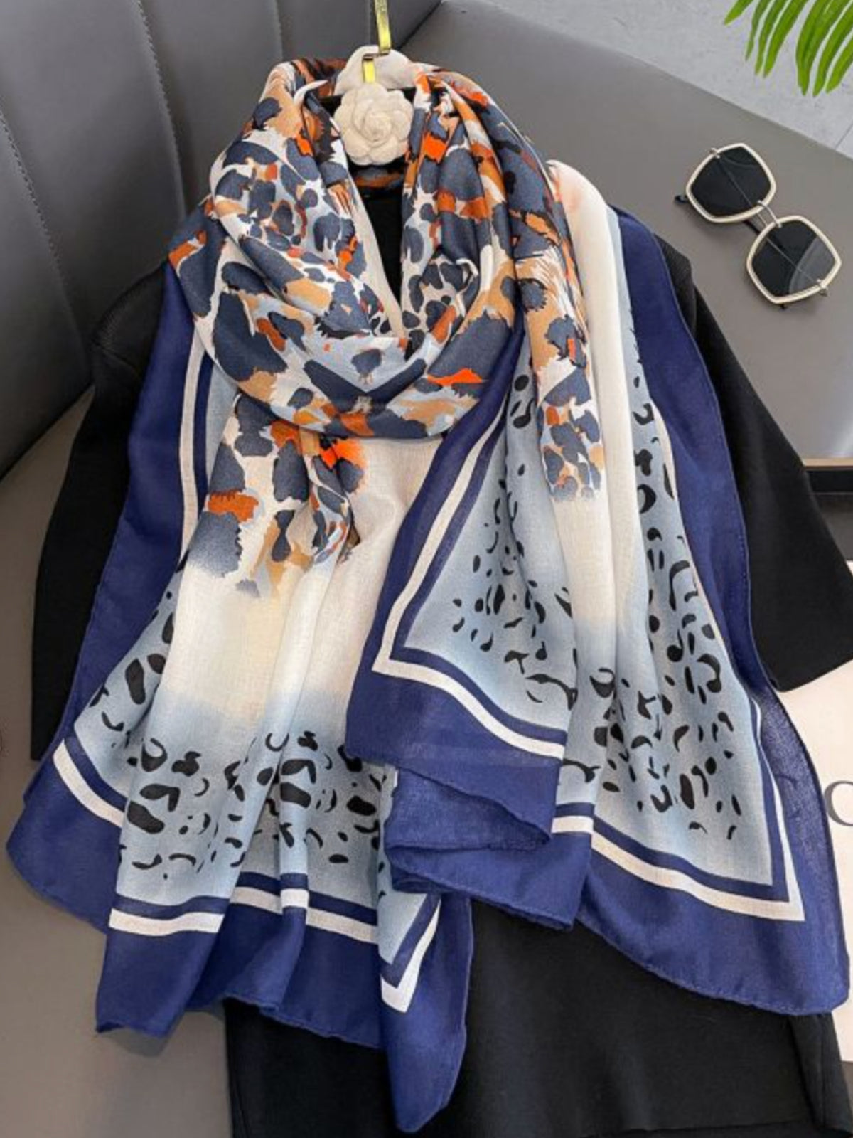 PCHA CC381 Leopard Print Cotton Scarf with bold animal print design and decorative border.