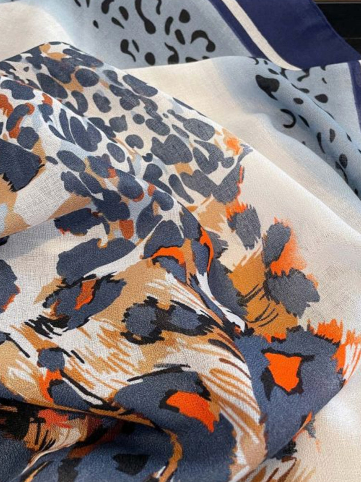PCHA CC381 Leopard Print Cotton Scarf with bold animal print design and decorative border.