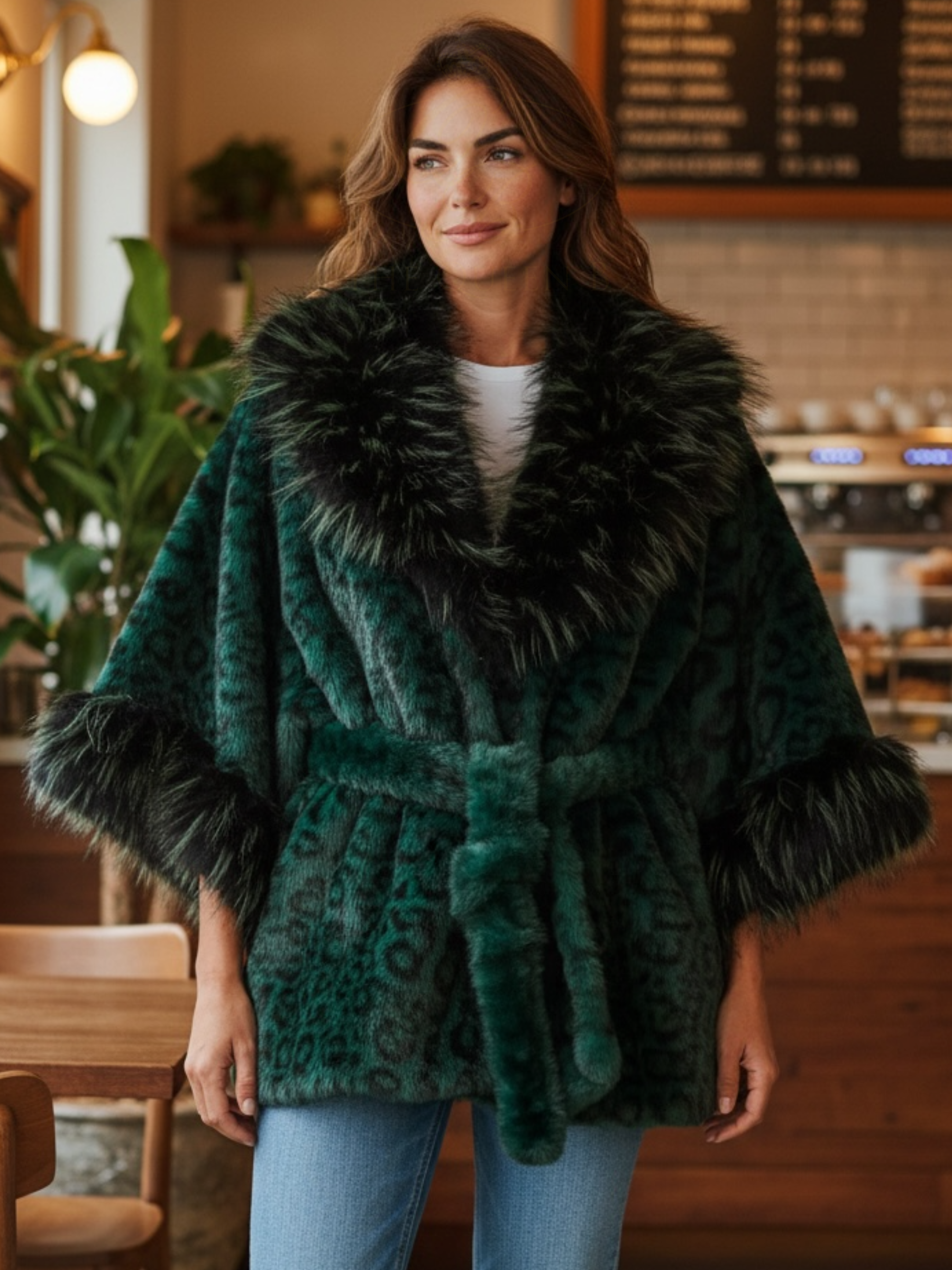 PCHA DH22 Green Faux Fur Trim Jacket - emerald green faux fur winter coat with animal-effect texture, oversized faux fur collar and cuffs, belted waist, luxury winter outerwear for stylish cold-weather outfits.
