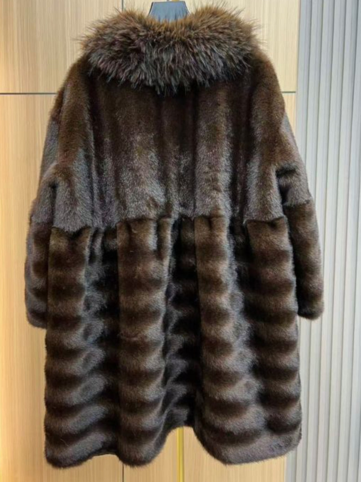 PCHA DH48 Faux Fur Mid Length Coat with oversized collar, plush textured finish and three-quarter sleeves.