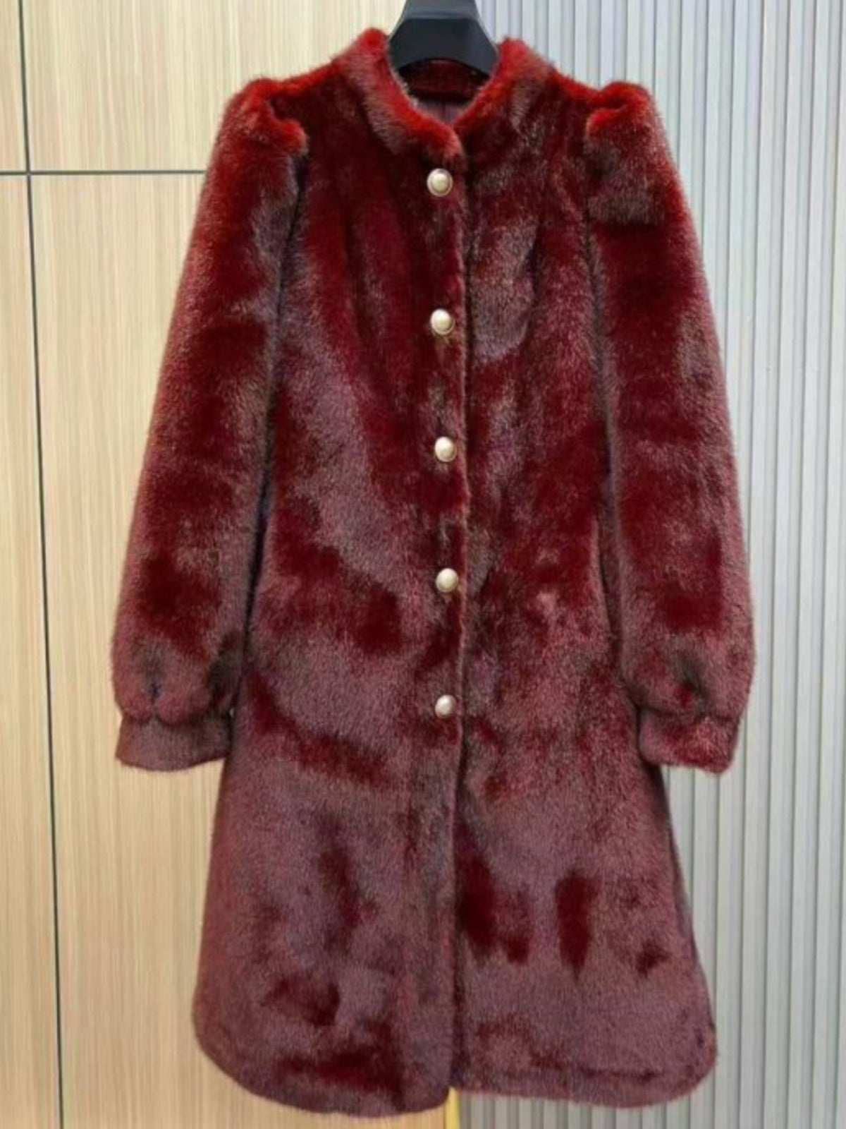 PCHA DH55 Faux Fur Pearl Detailed Long Coat with plush texture, pearl-style buttons and longline silhouette.