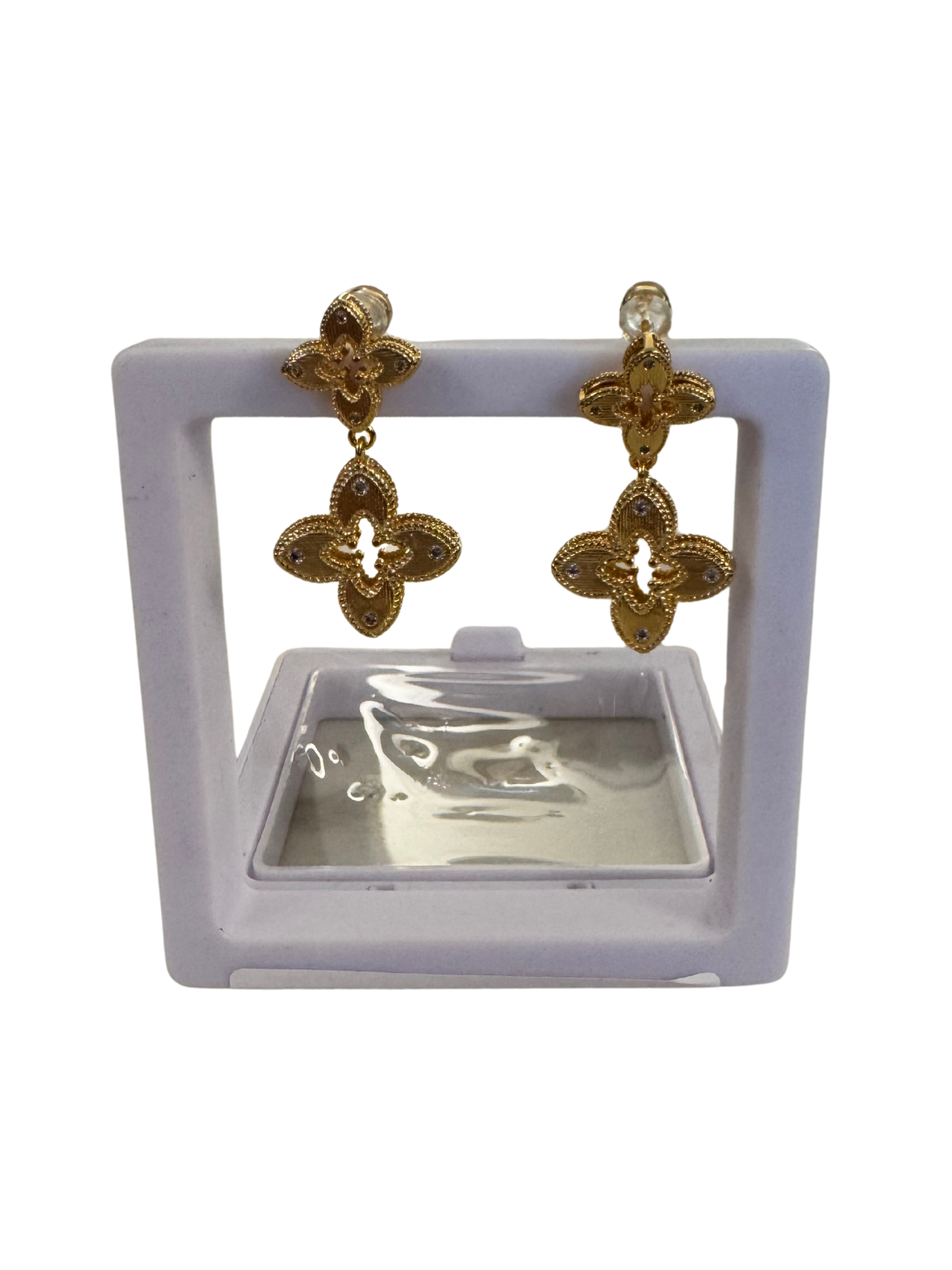 PCHA EUR574 Gold Four Petals Charm Drop Earrings featuring floral-inspired design, crystal accents and elegant gold detailing.