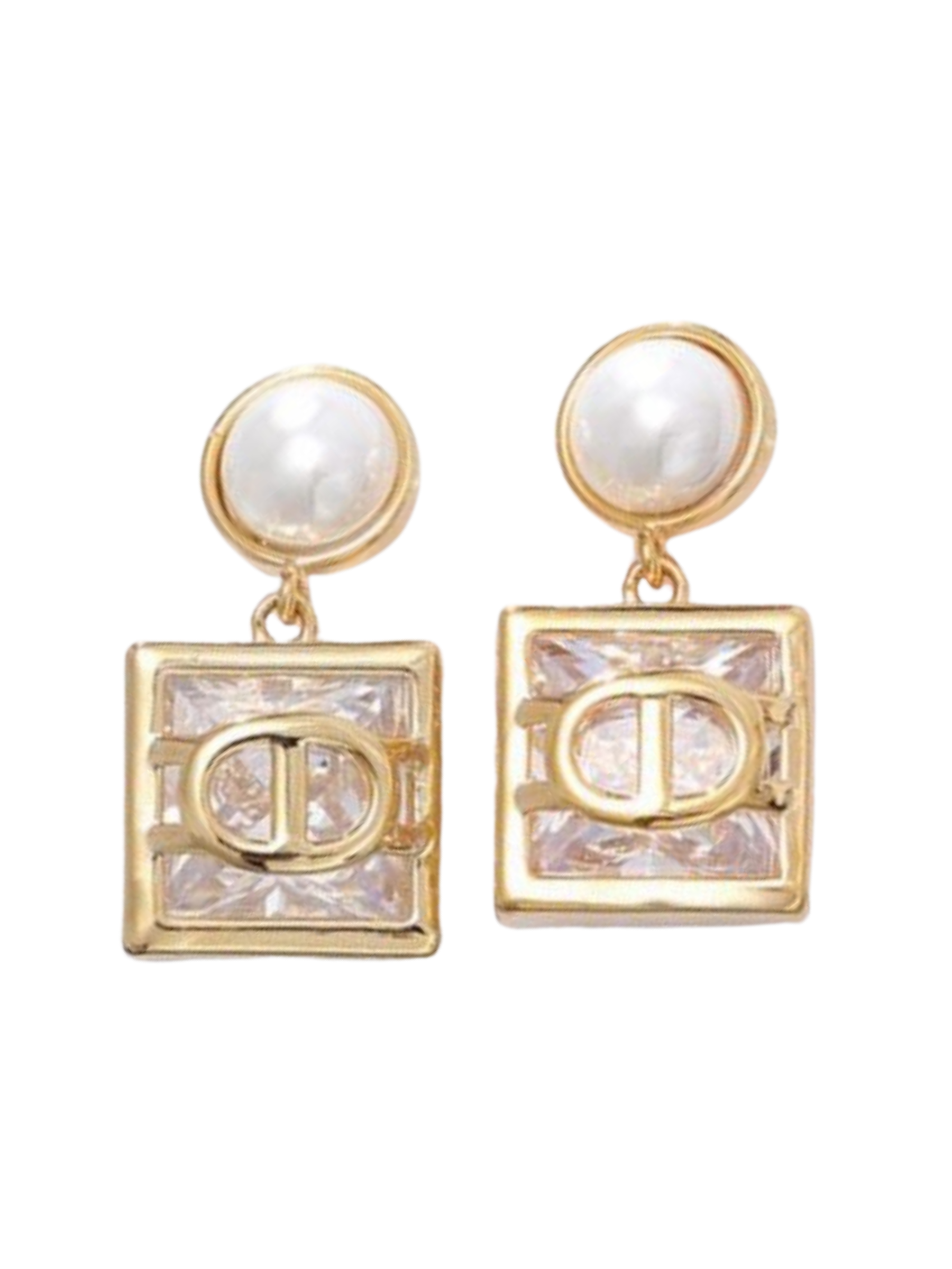 PCHA EUR576 Gold Pearl & Crystal Earrings featuring gold-tone square crystal drops with pearl studs, perfect for elegant and occasion styling.