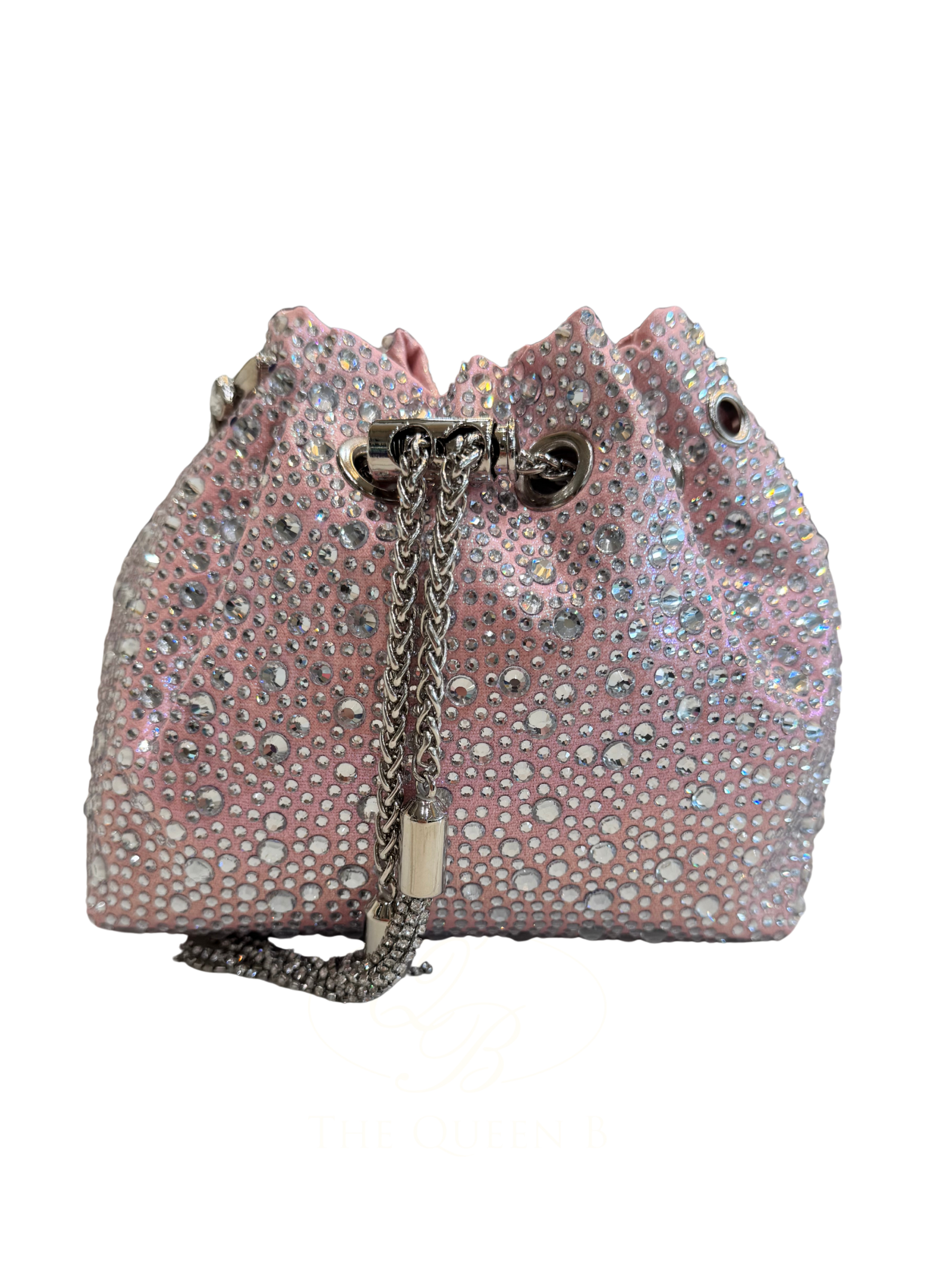PCHA G1142 Pink Pouch Bag featuring sparkling rhinestone embellishments, silver handle, chain tassel detail and a glamorous drawstring design perfect for evening occasions.