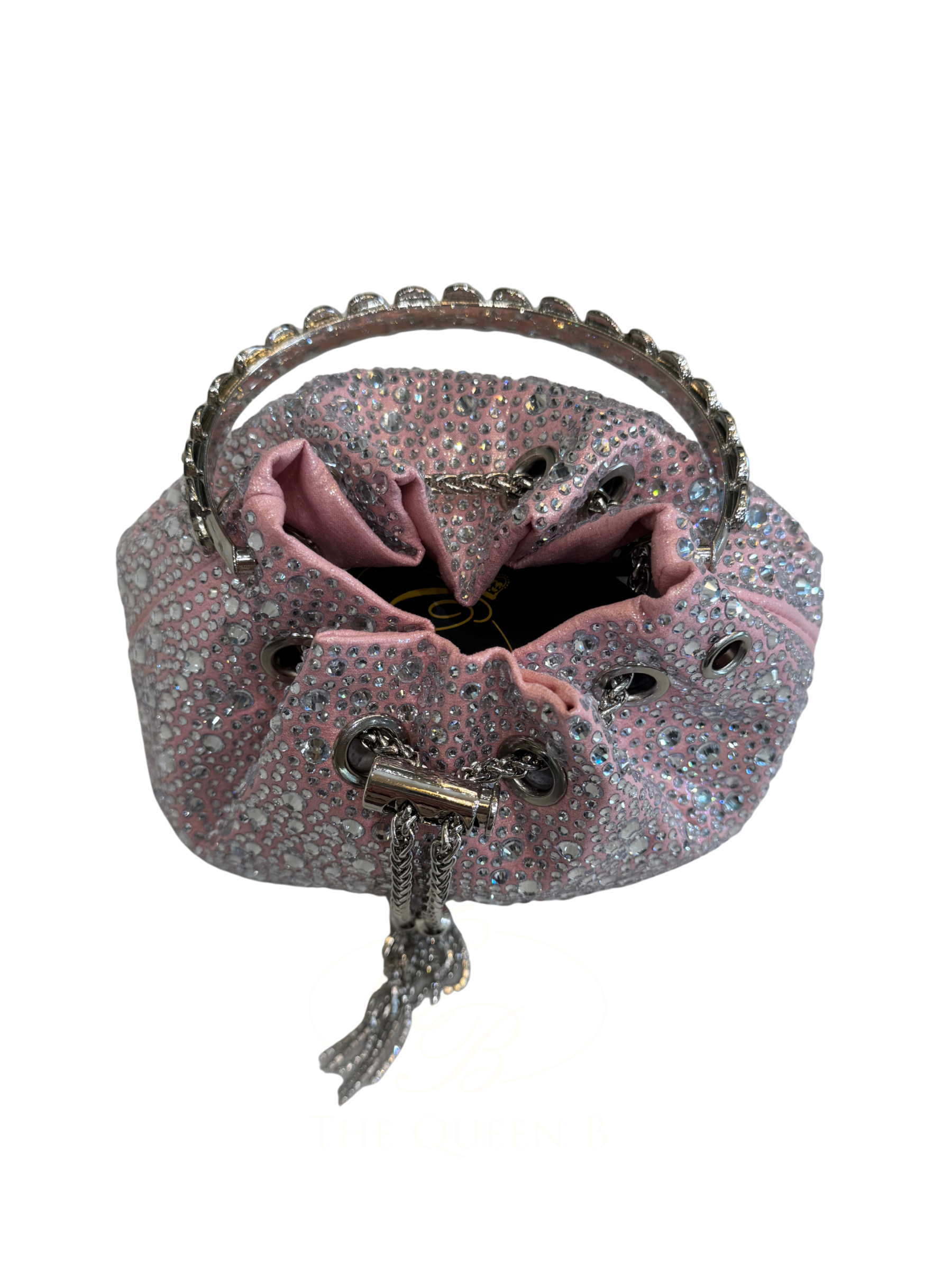 PCHA G1142 Pink Pouch Bag featuring sparkling rhinestone embellishments, silver handle, chain tassel detail and a glamorous drawstring design perfect for evening occasions.