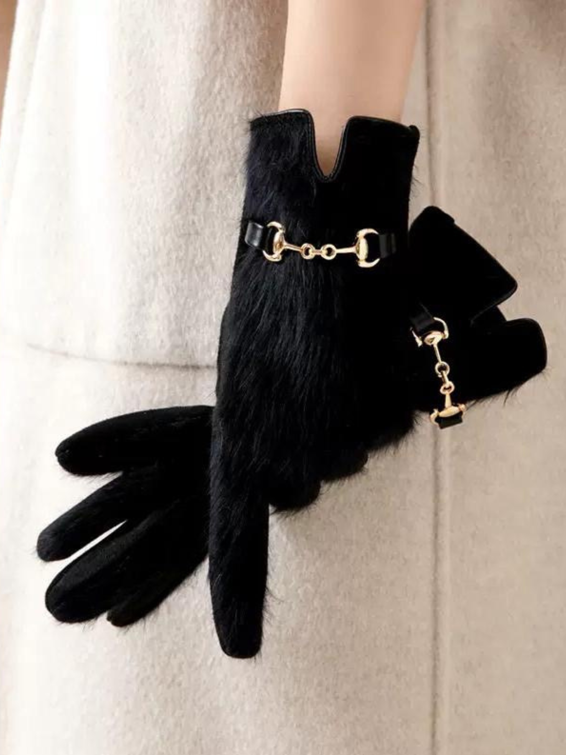 PCHA HA181 Black Chain Detail Glove with black textured fabric, notched cuff and gold equestrian chain detail - an elegant winter accessory.