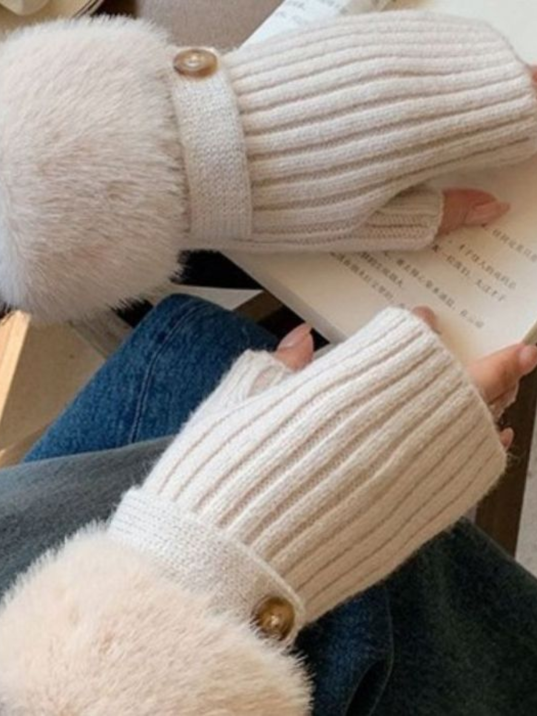 PCHA HA316 Cream Faux Fur Knit Fingerless Button Gloves featuring ribbed knit, faux fur cuffs and button detail — a cosy winter accessory also available in black and burgundy.