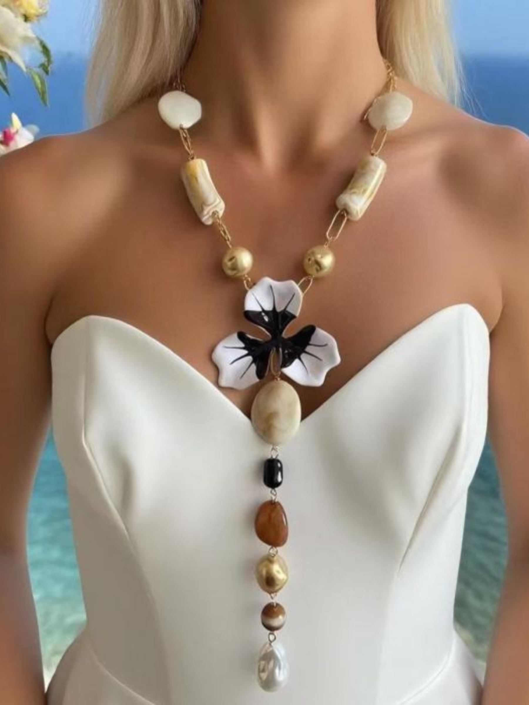 PCHA NEF625 Mixed Beaded Long Drop Necklace with decorative centre detail, mixed beads and adjustable fastening