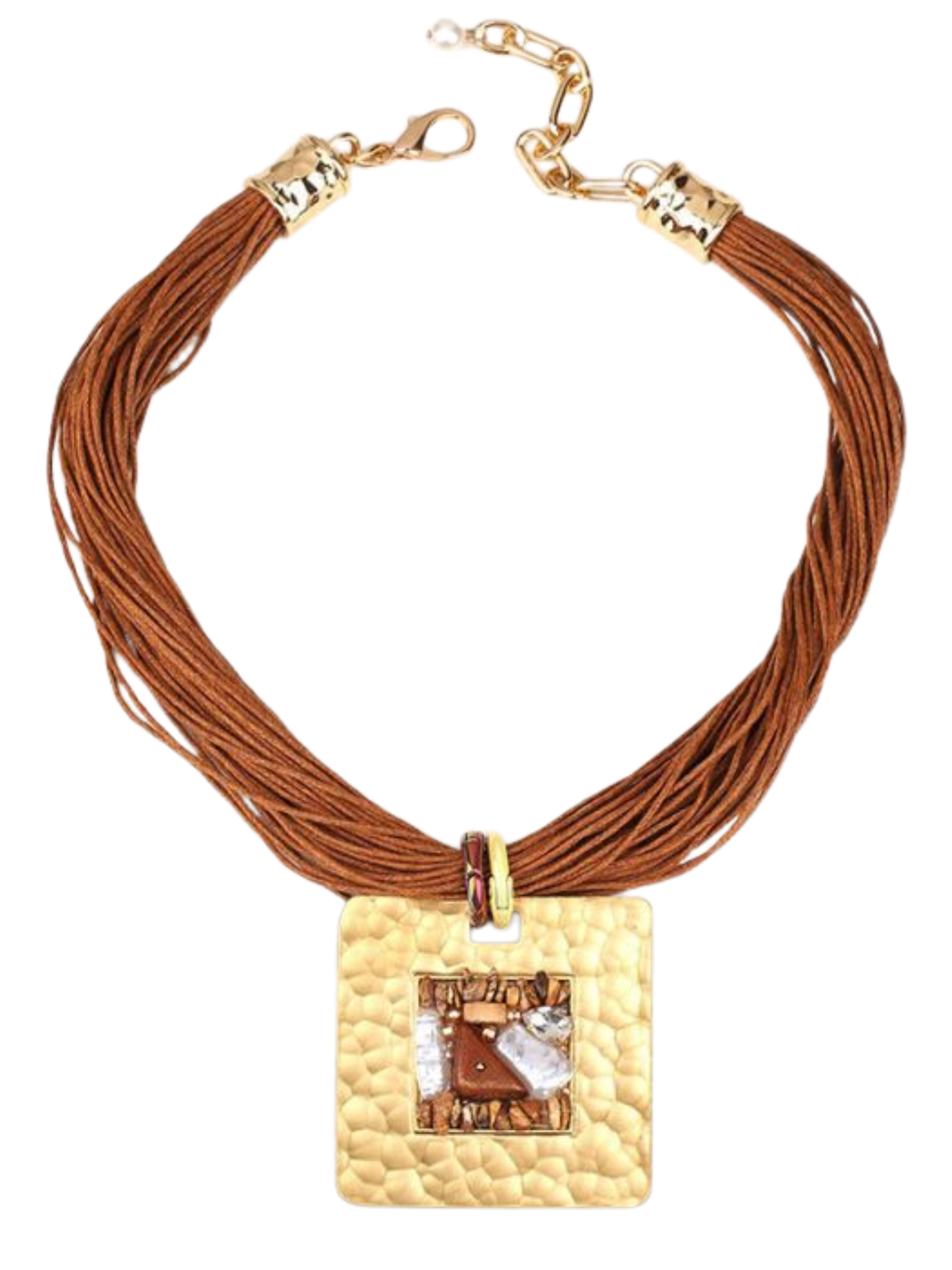 PCHA NEF626 Pendant Multi Strand Corded Necklace with square pendant, corded strands and adjustable fastening