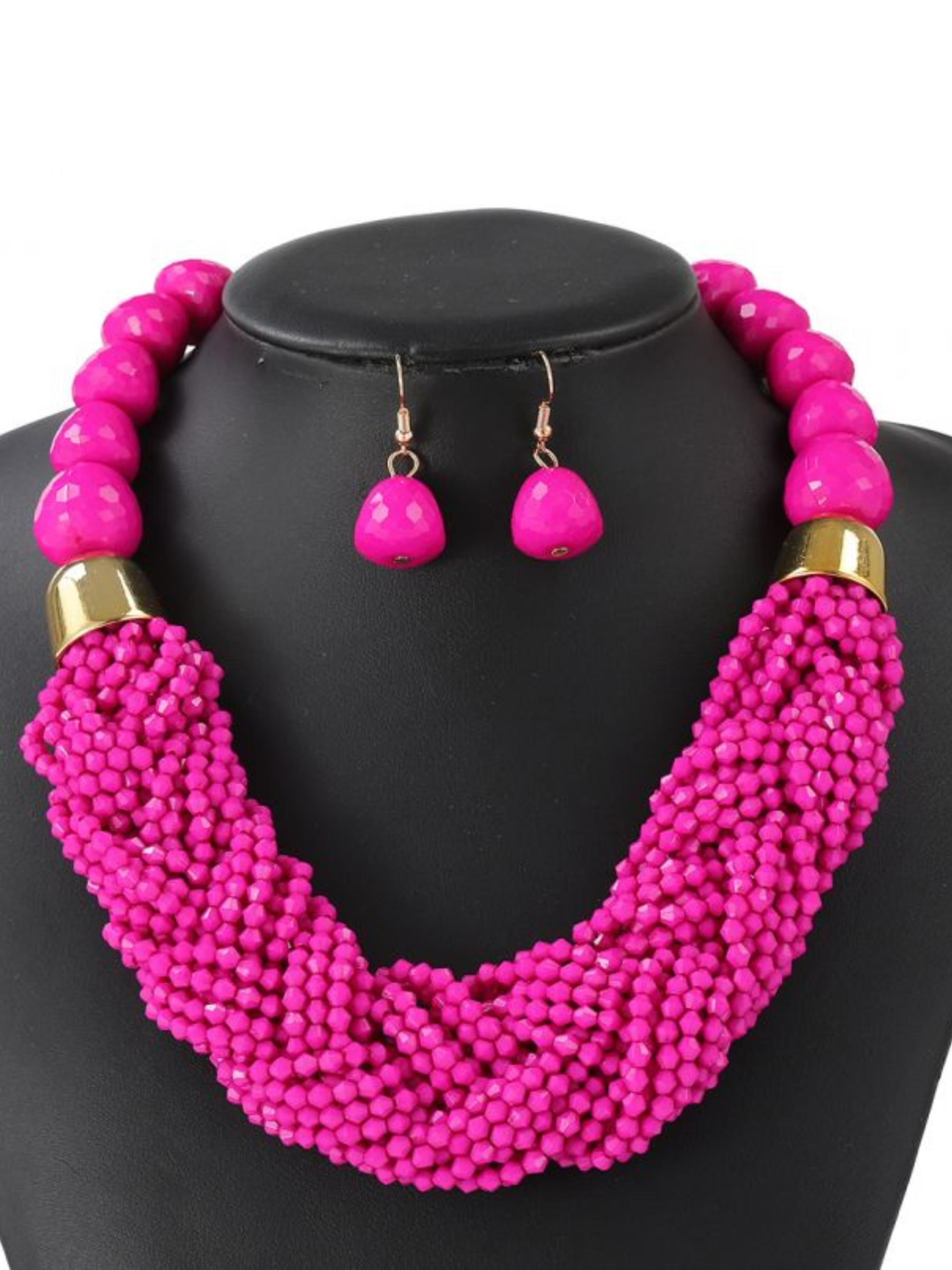 PCHA NEK521 beaded statement necklace with matching dangle earrings, featuring multi-strand bead detailing and bold colour finish.