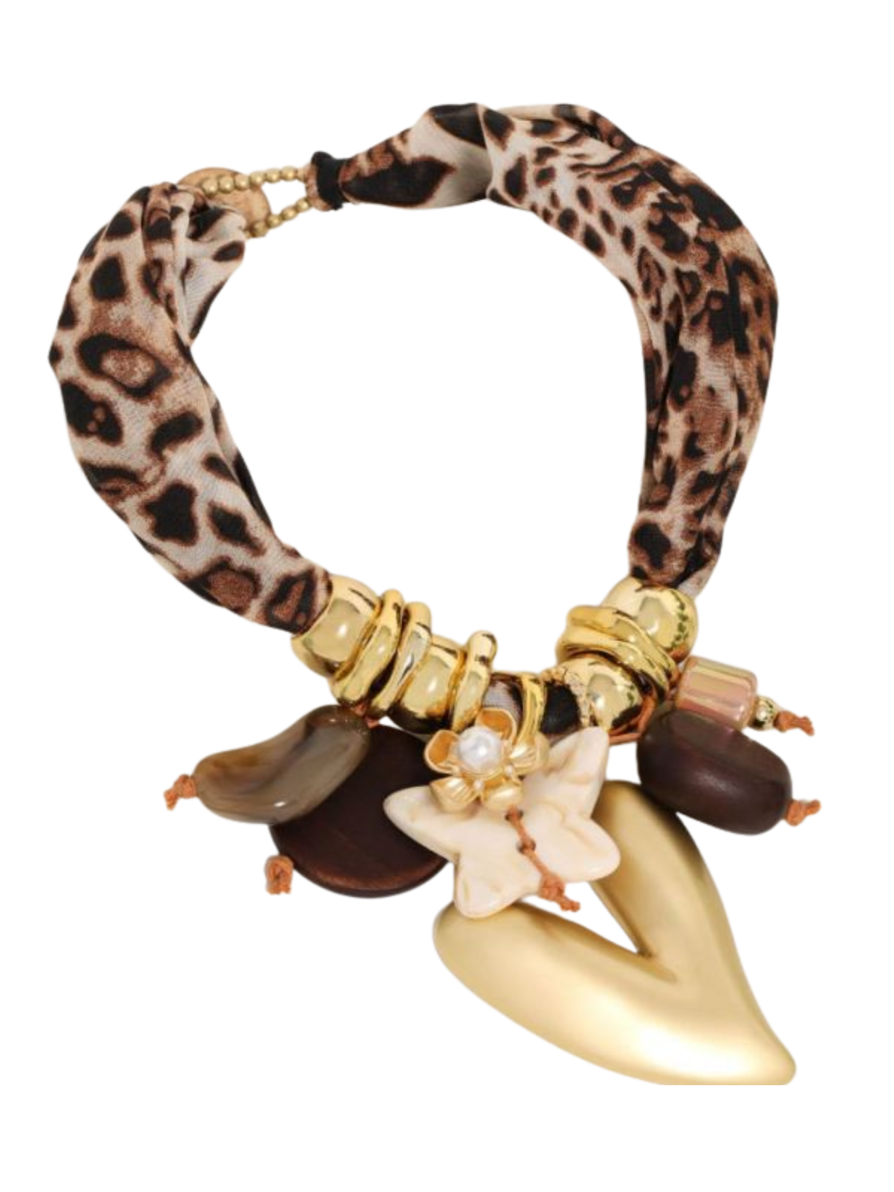 PCHA NEK557 Tan Leopard Necklace with tan leopard-print fabric band, gold heart pendant and mixed charms, bold statement jewellery for styling women’s casual and occasion wear outfits.