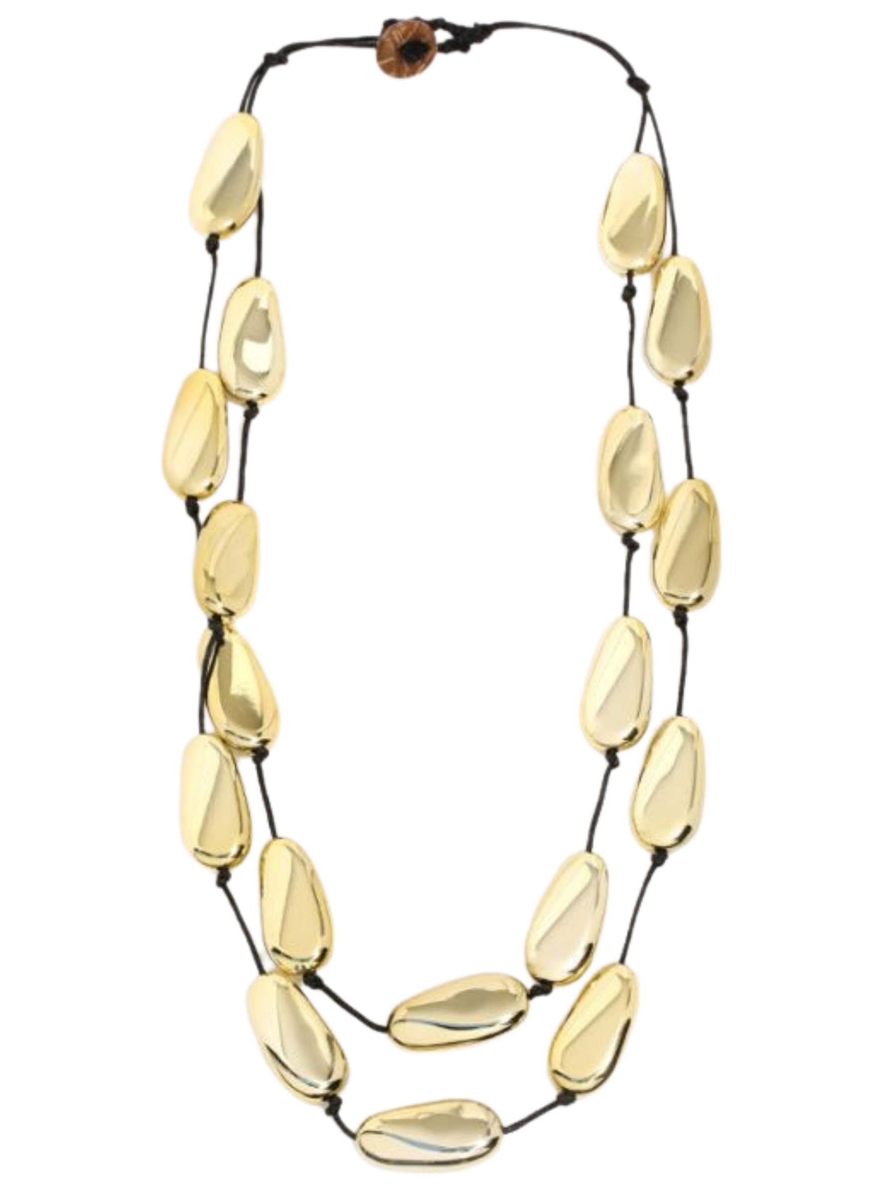 PCHA NEK568 Statement Necklace with longline gold-tone teardrop and pebble pendants on a sleek cord, a bold high-shine accessory perfect for elevating chic or occasion outfits.