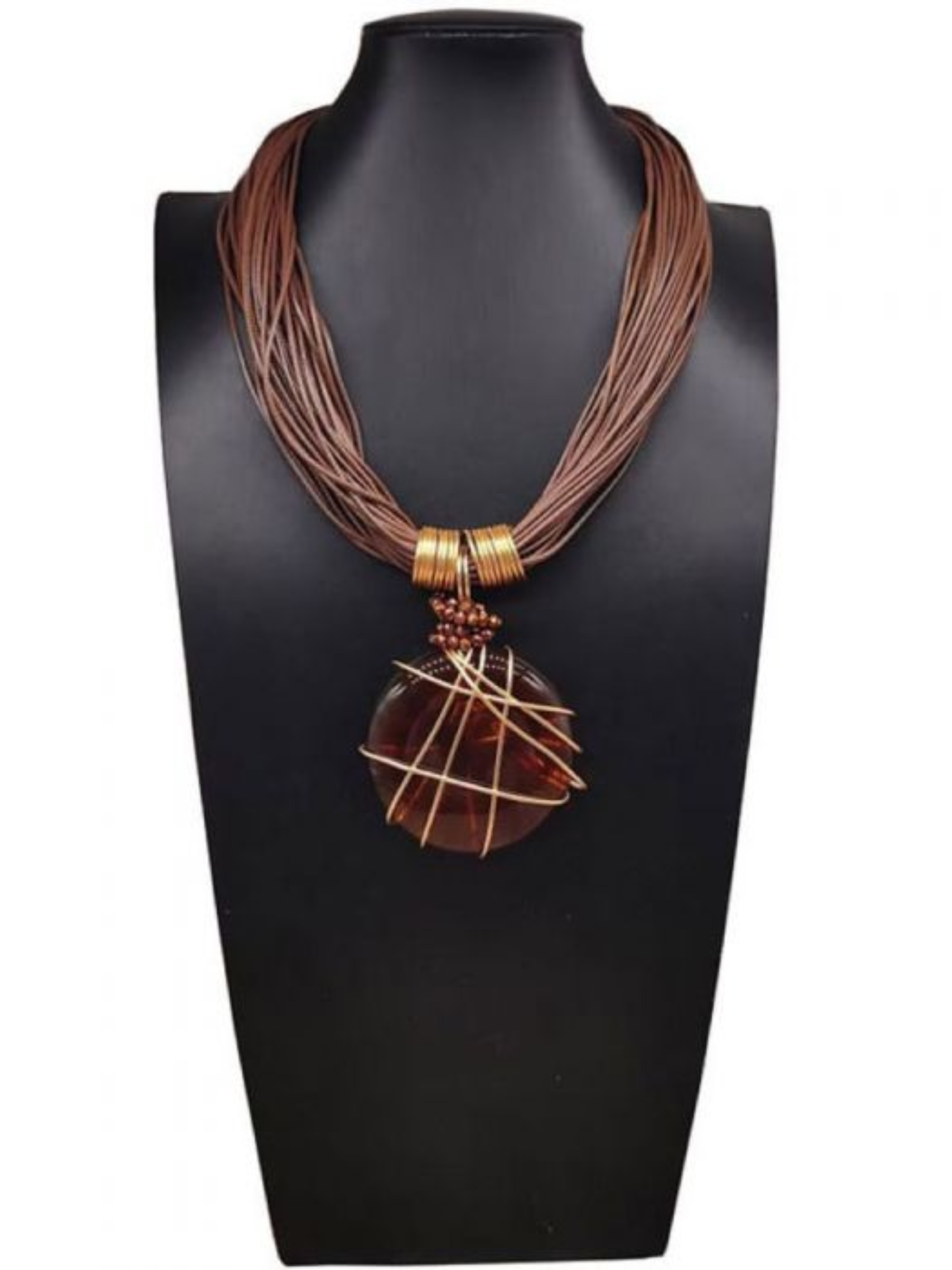 PCHA NEK569 Brown Necklace with multi-strand brown cords and a gold-wrapped pendant, a warm boho statement accessory perfect for chic daytime and evening styling.
