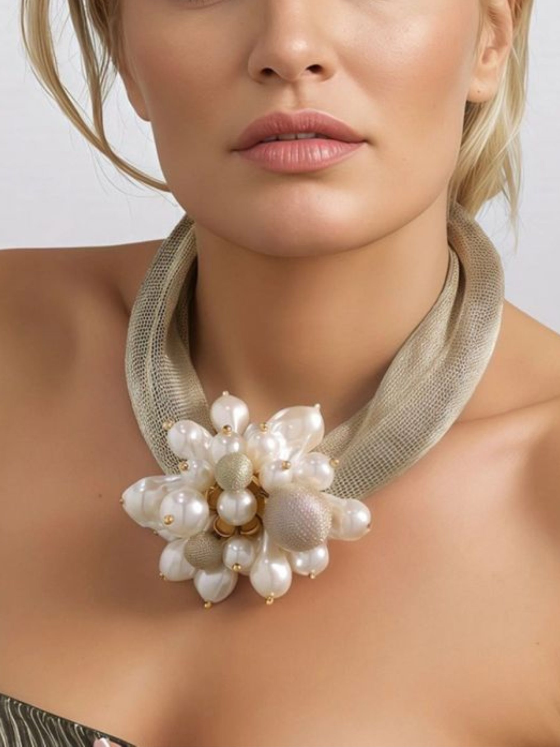 Gold mesh choker with oversized faux-pearl floral cluster, luxury statement necklace for weddings, races, cruises and special occasions.