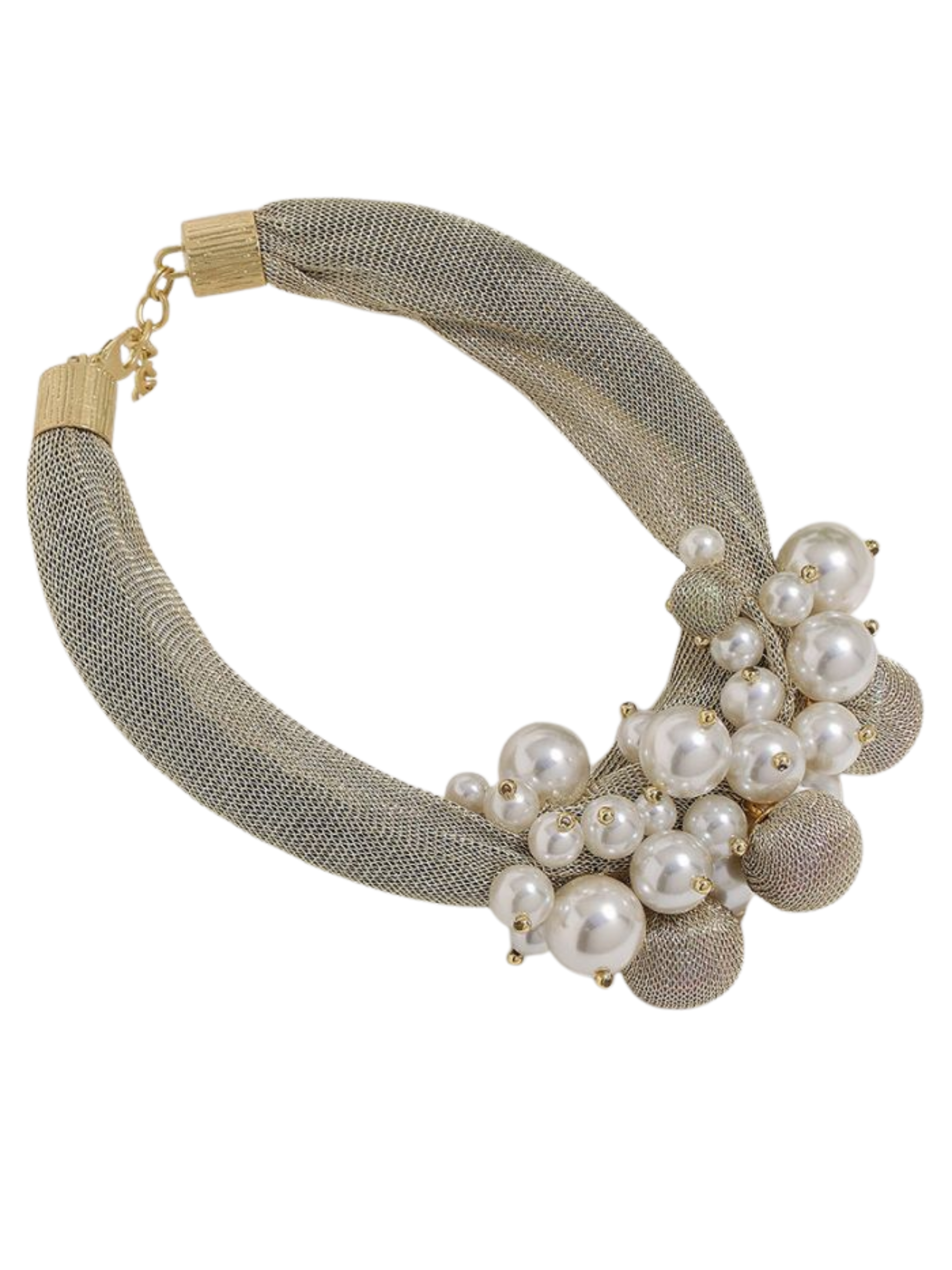 PCHA NEK570 Gold Mesh Choker with pearl-effect bead cluster and textured mesh-style band