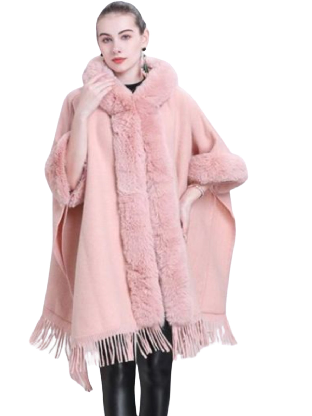 PCHA PE950 Faux Fur Detailed Hooded Poncho Cape with hooded design, faux fur trim and tassel fringe hem.