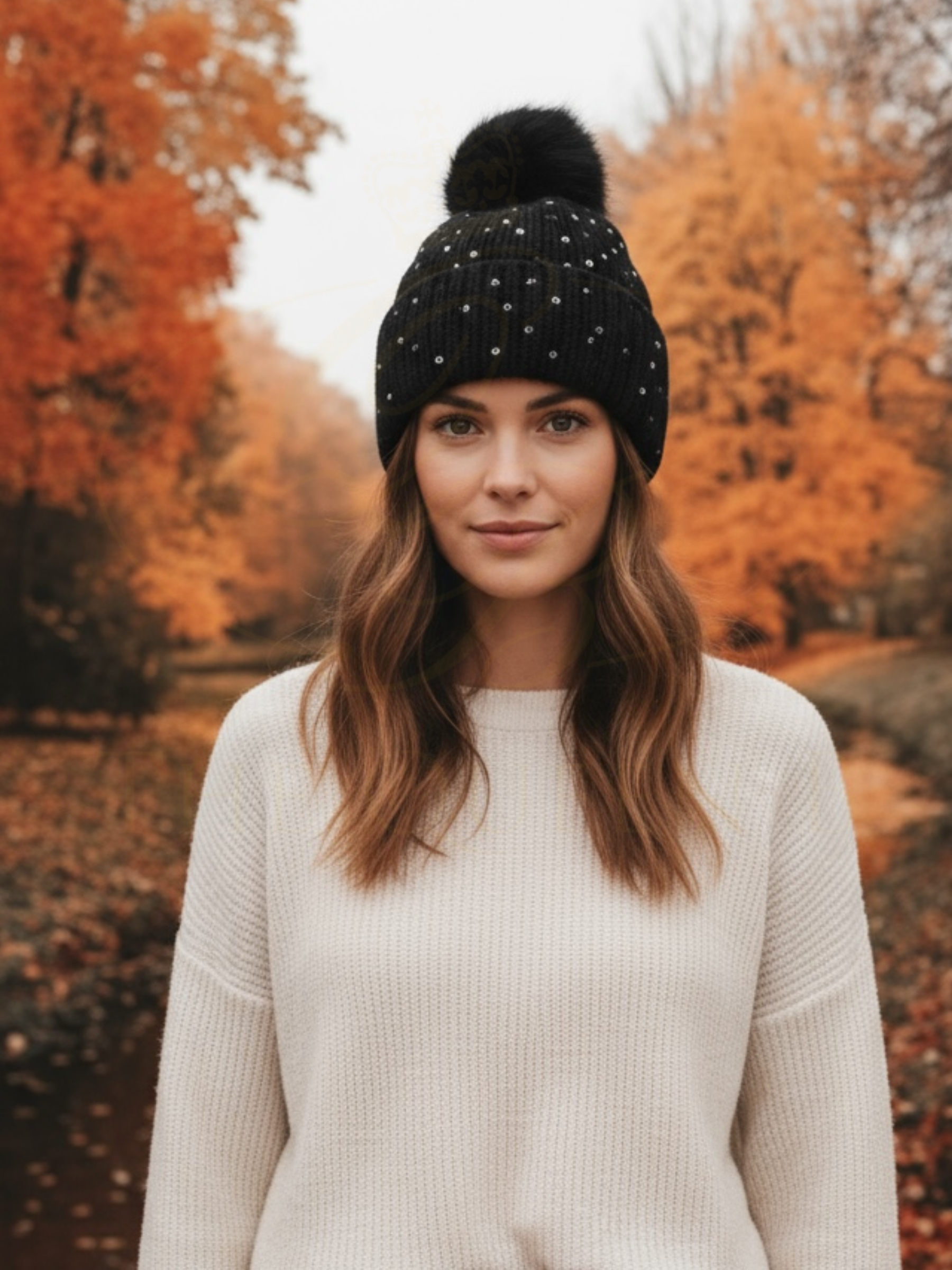 PCHA SD117 Black Sequin Pompom Hat – black knit hat with sequins and faux fur pompom, also available in red and cream. Perfect for chic winter styling.