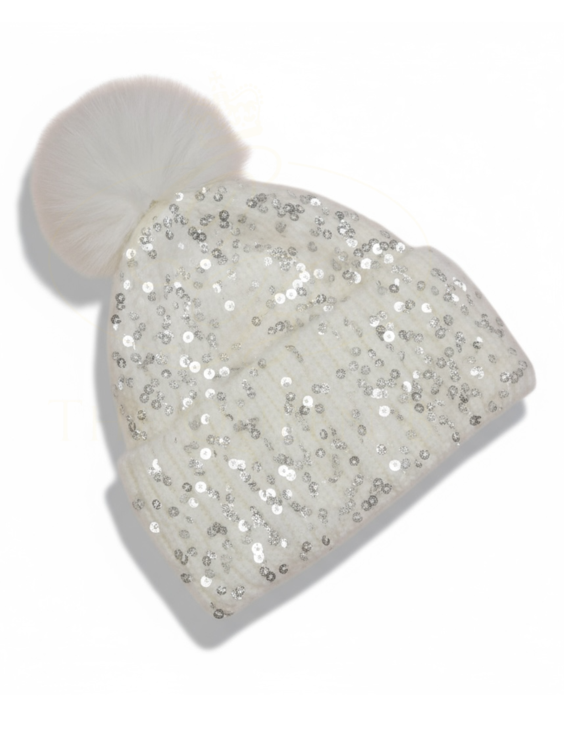 PCHA SD117 Cream Sequin Pompom Hat – cream knit hat with sequins and faux fur pompom, also available in black and red. Ideal for chic winter styling.