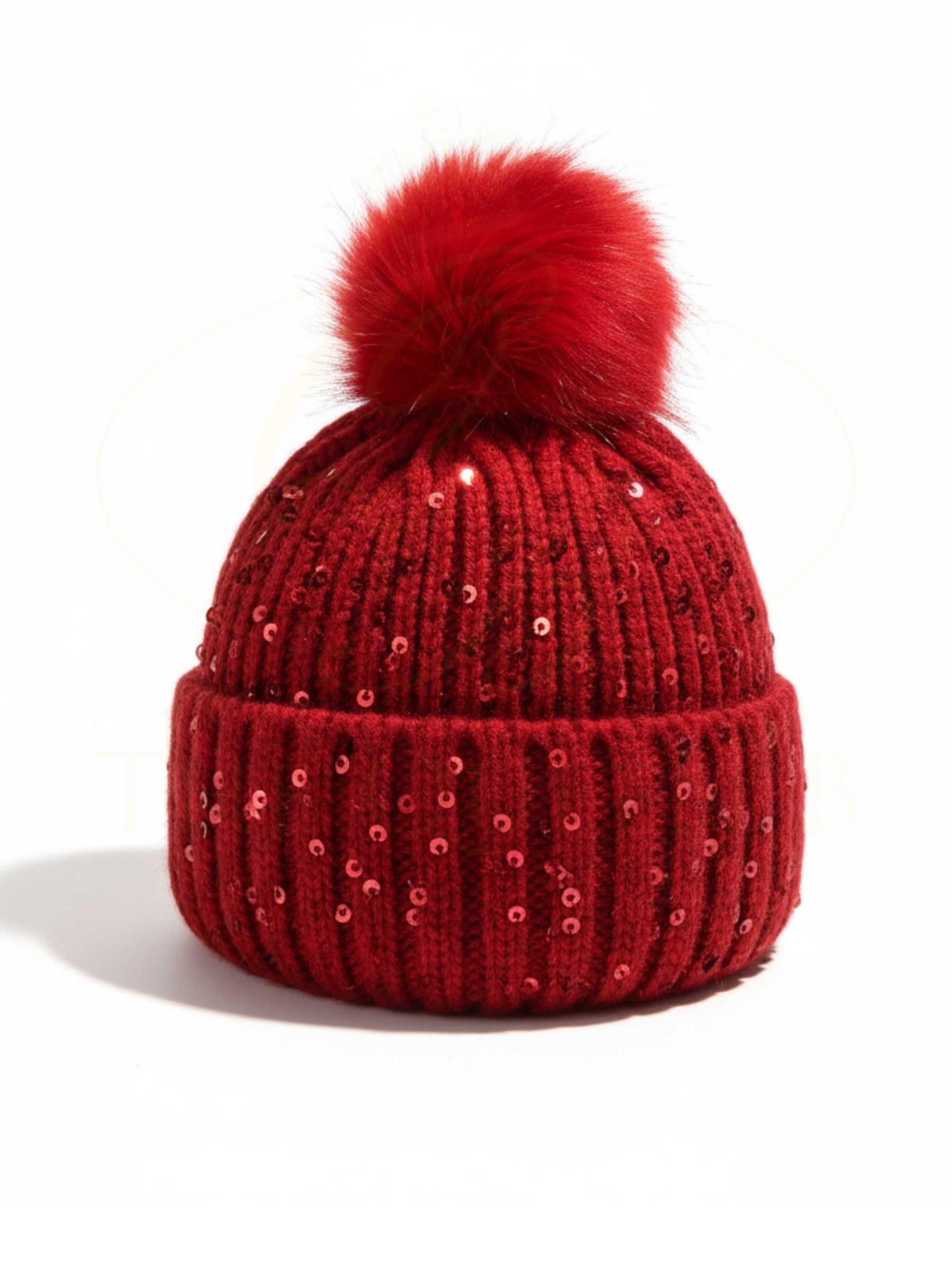 PCHA SD117 Red Sequin Pompom Hat – red sequin-embellished knit hat with faux fur pompom, also available in black and cream. Perfect for winter and festive styling.