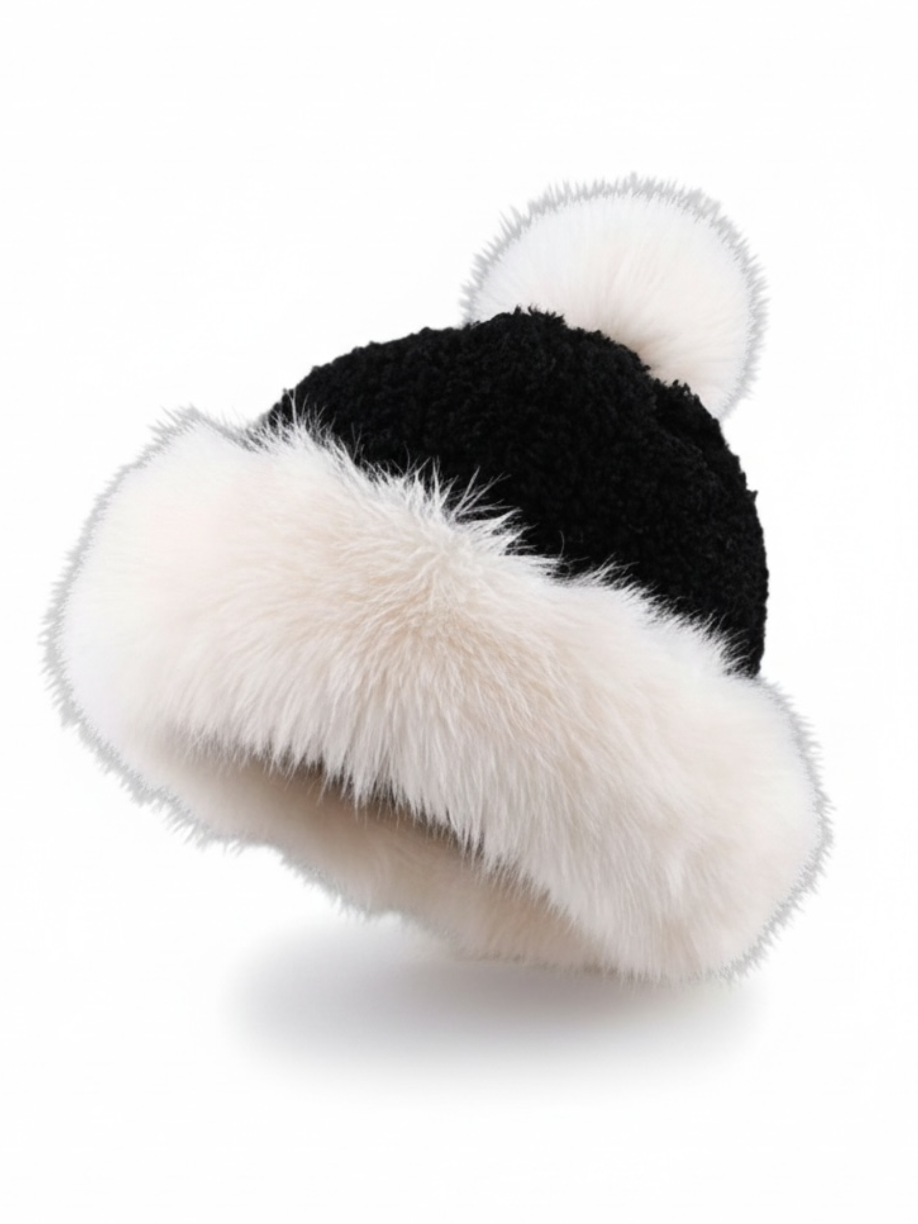 PCHA SD124 Black Faux Fur Trim Pompom Hat – black knit winter hat with cream faux fur trim and matching pompom. Perfect for stylish cold-weather outfits.
