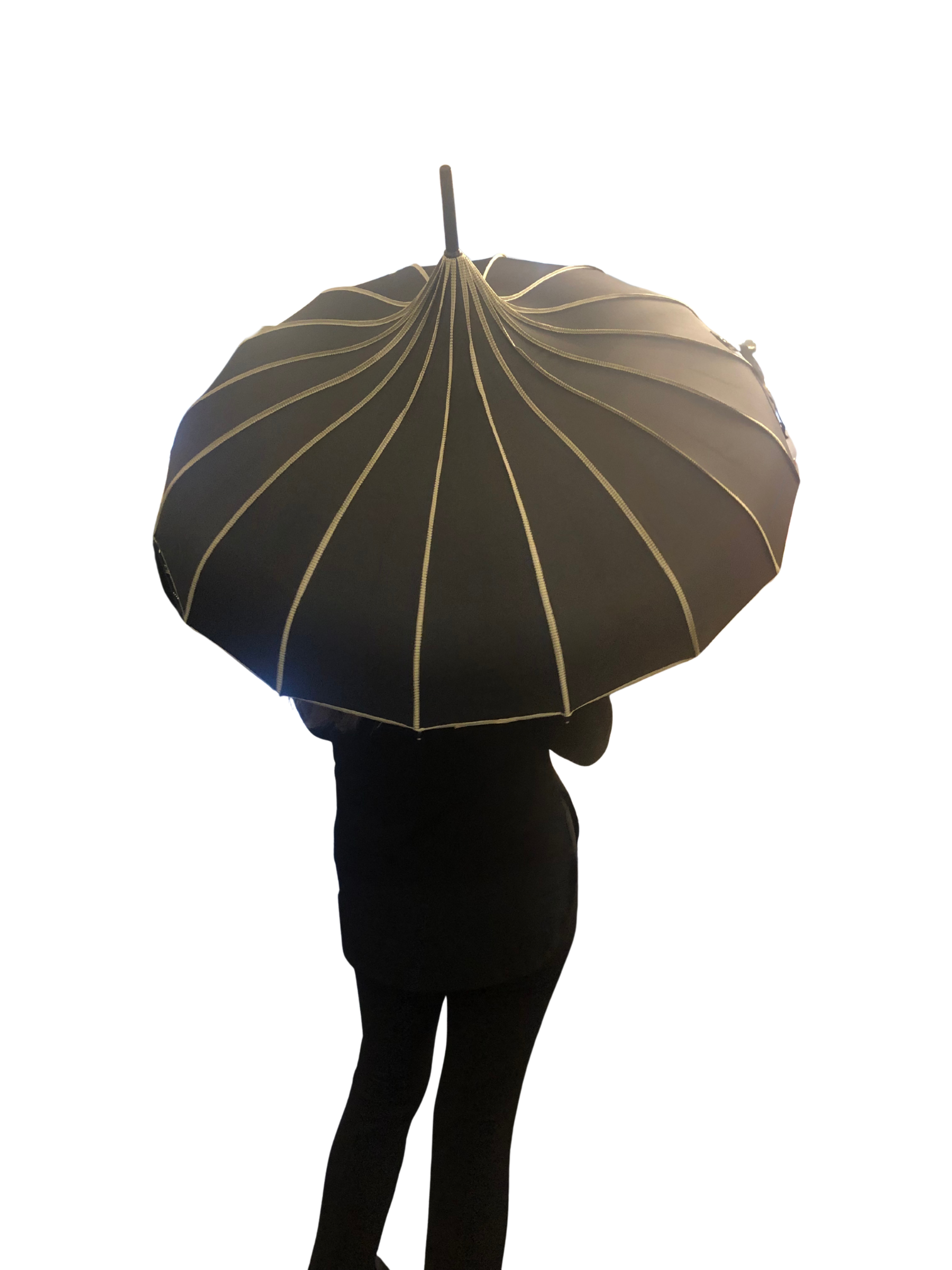 PCHA TW014 Black & Cream Trim Umbrella – stylish ladies’ black umbrella with cream trim, perfect for weddings, race days and elegant rainy-day outfits.