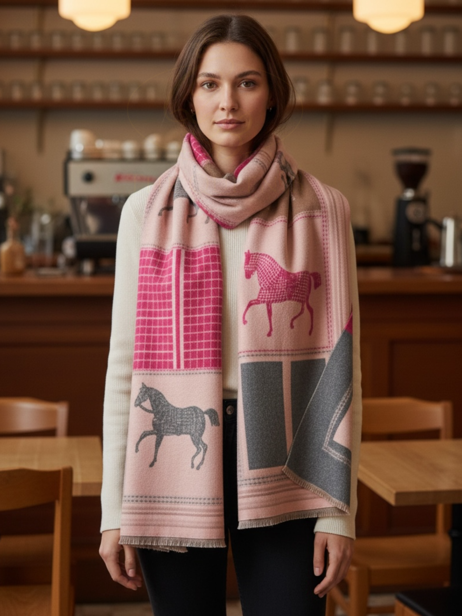 PCHA WS051 Pink/Grey Horse Design Scarf – oversized equestrian-inspired winter scarf with horse motif in pink and grey tones, perfect for stylish seasonal layering.