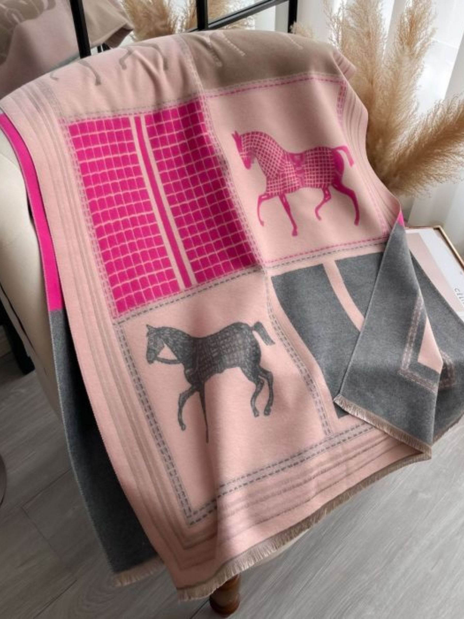 PCHA WS051 Pink/Grey Horse Design Scarf – oversized equestrian-inspired winter scarf with horse motif in pink and grey tones, perfect for stylish seasonal layering.