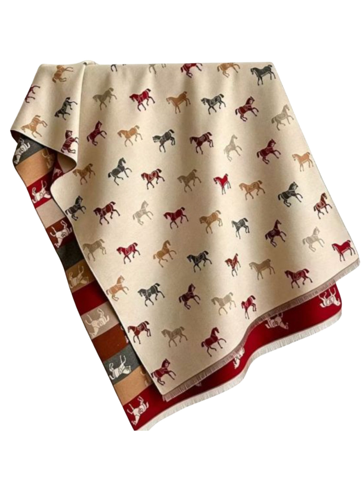PCHA WS075 Horse Print Scarf with all-over horse motif, contrasting striped reverse and decorative border.