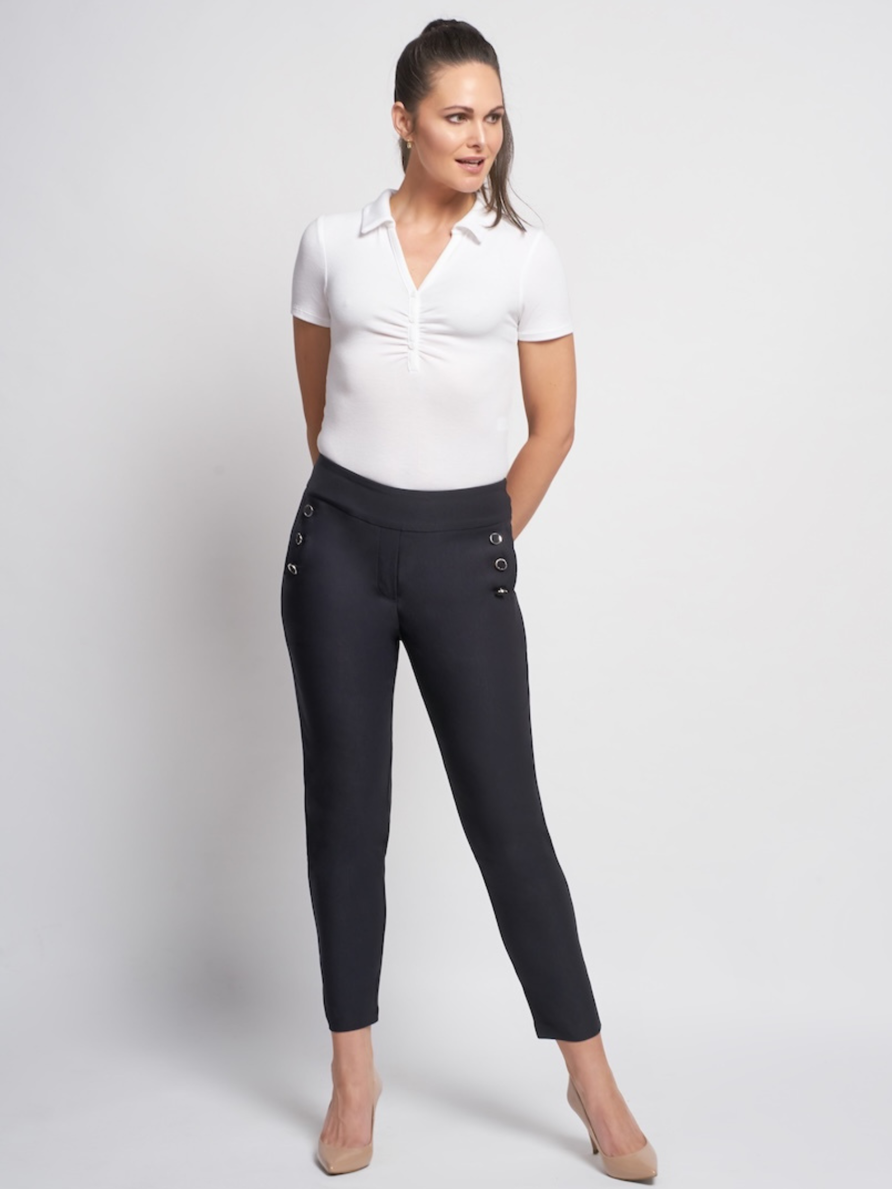 PINNS 579CT navy ankle grazer trousers in figure sculpting bengaline with tummy control and side button detail.